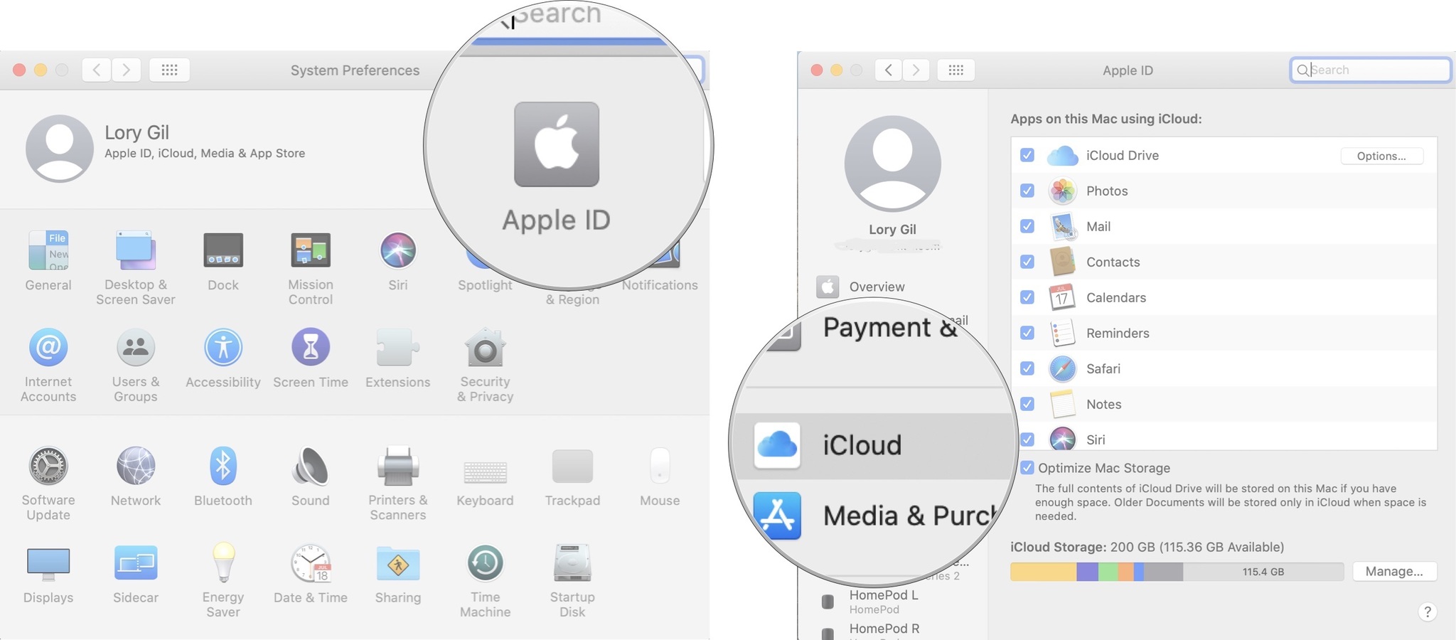 Optimizing Storage On Mac showing the steps to click on Apple ID and then click on iCloud