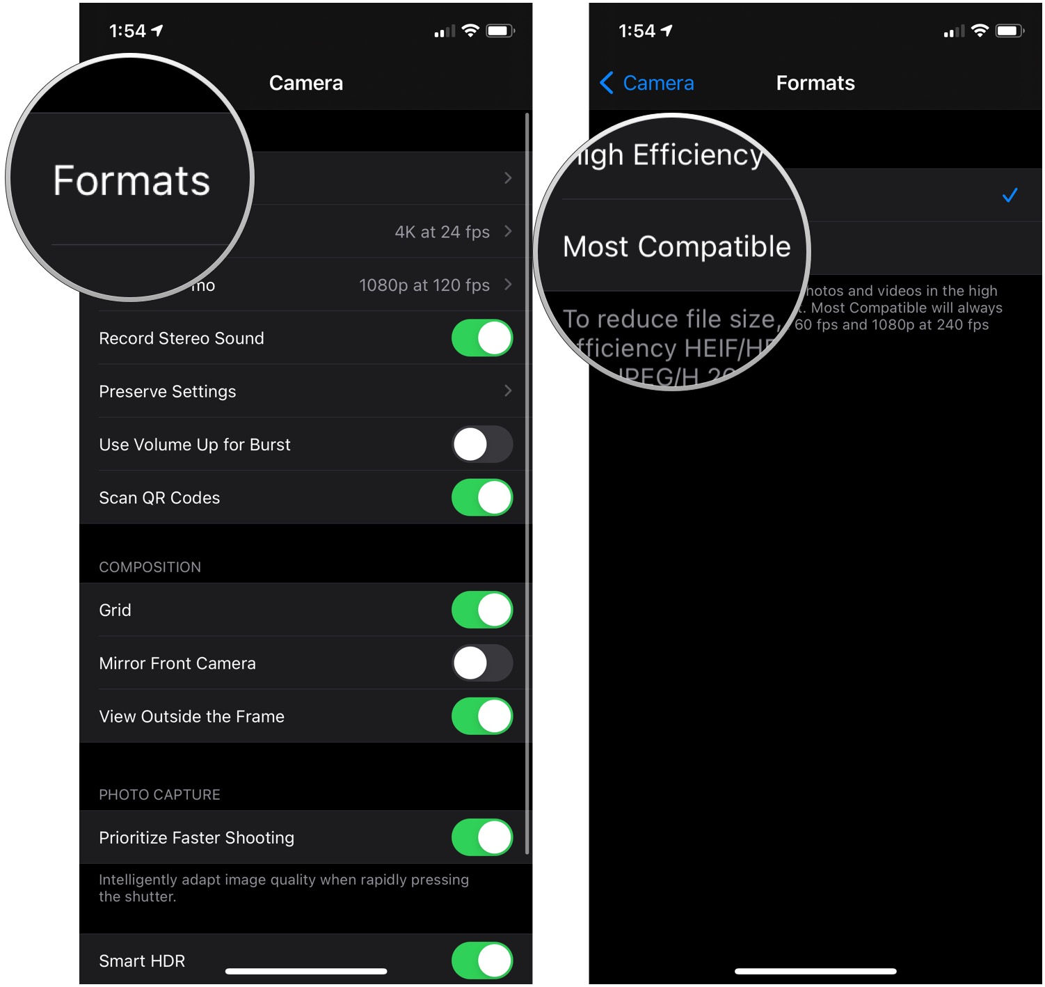 Take JPEG photos, showing how to tap Formats, then tap Most Compatible