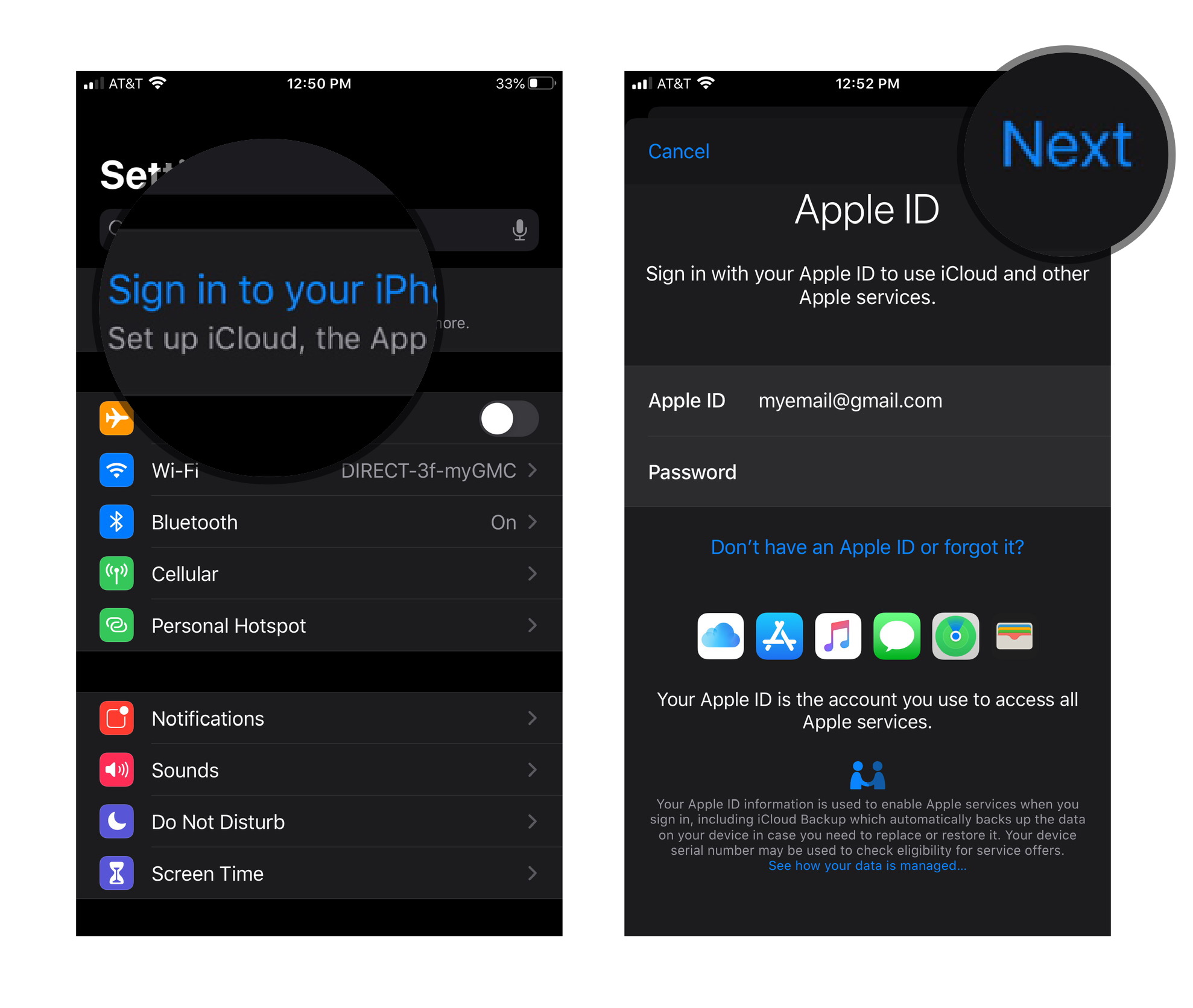 How to sign in Apple ID: Tap Sign in, Enter username, password, and tap Next