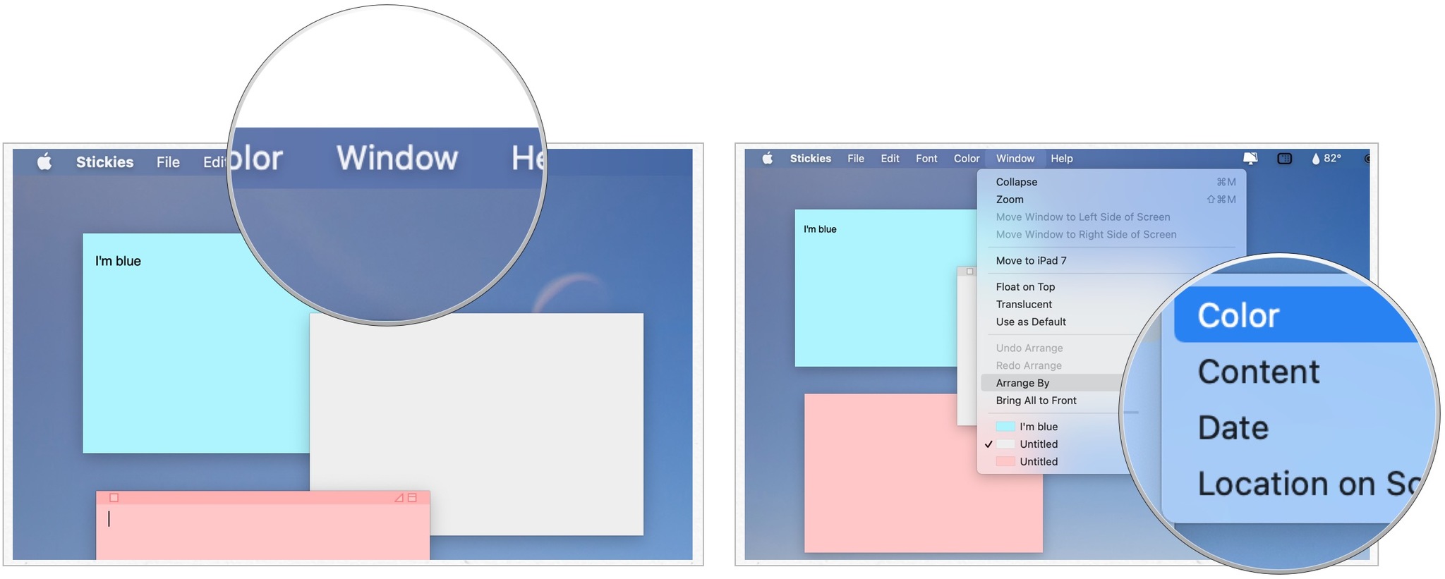 To arrange Stickies, launch Stickies and either create or bring up an existing note. Click Window in the menu bar. Click Arrange By, then choose an Arrangement option.