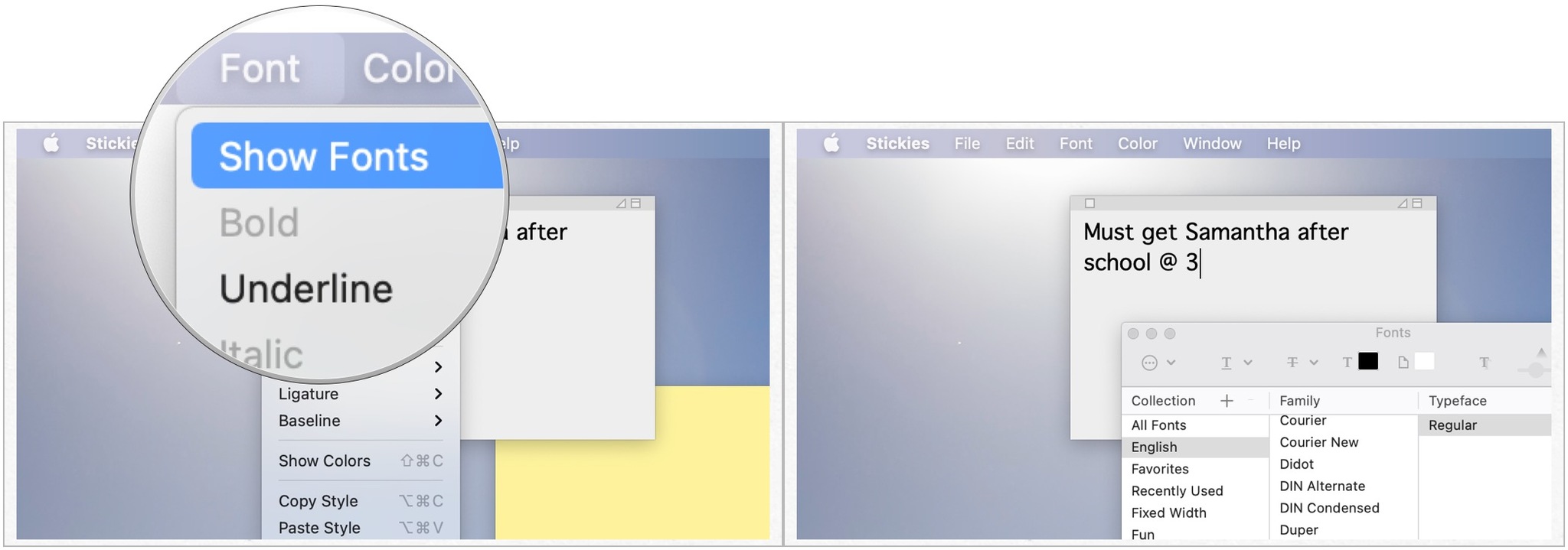 To change Stickies fonts or text size, launch Stickies, then create a new note or click on an existing one. Choose Font, then Show Fonts. Make changes.