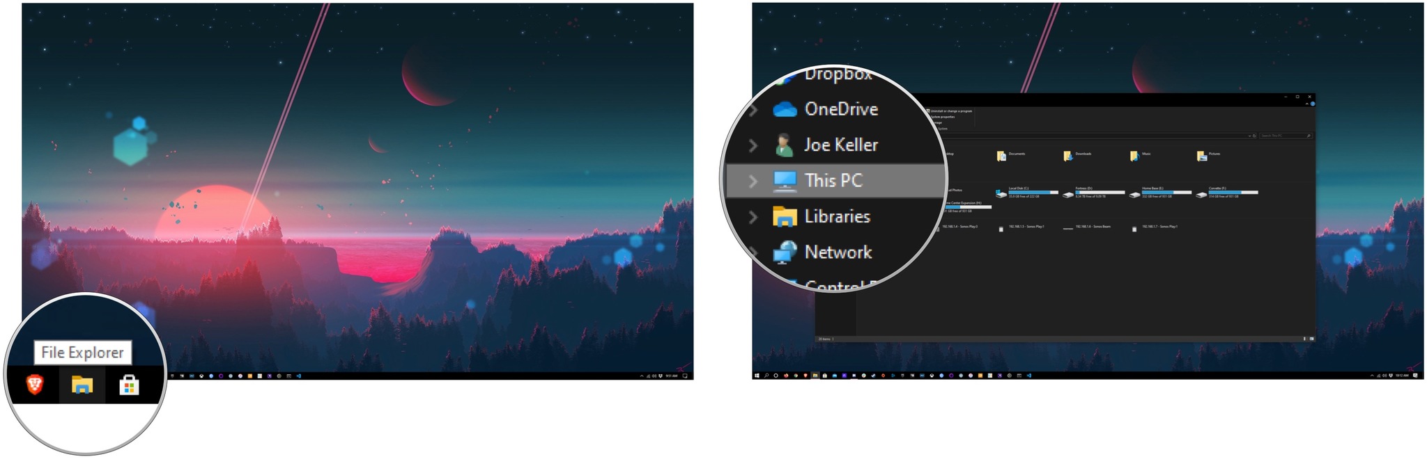 Transfer photos with File Explorer, showing how to open File Explorer, then click This PC
