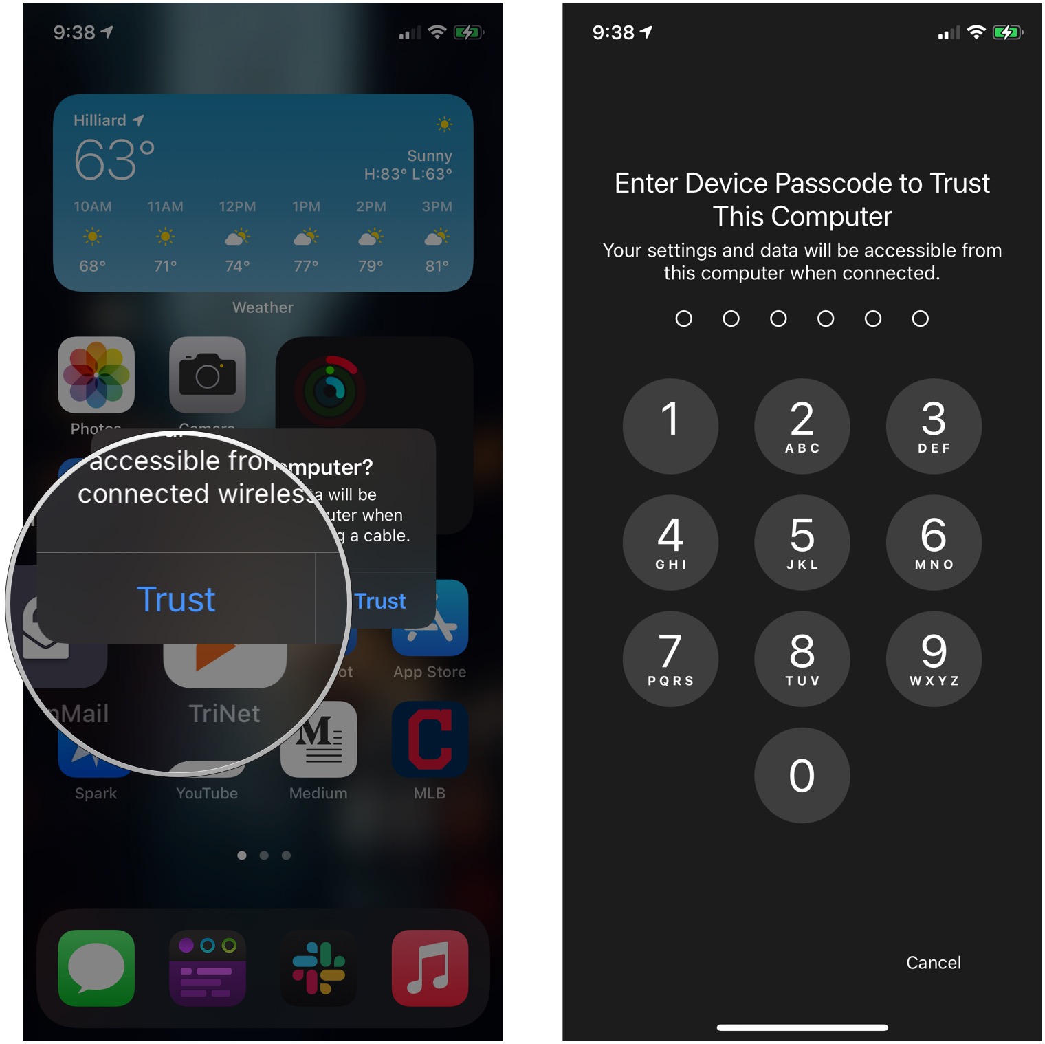 Connect iPhone to Windows PC, showing how to tap Trust, then enter your passcode