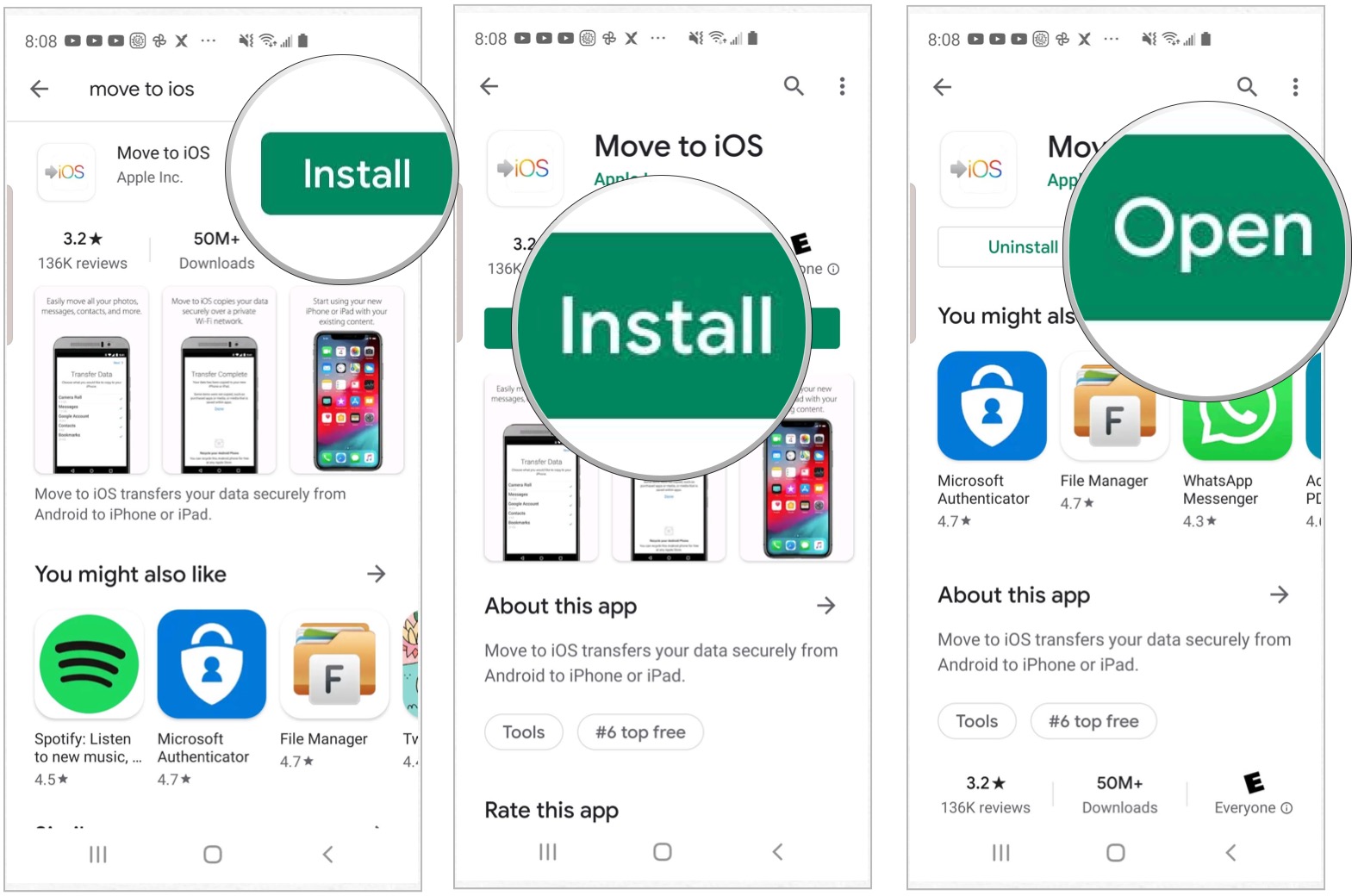 To move your data from Android to iPhone or iPad with Move to iOS, open the Google Play on your Android device, and search for Move to iOS app. Next, open the Move to iOS app listen, tap Install. Choose Open when the app is done downloading.