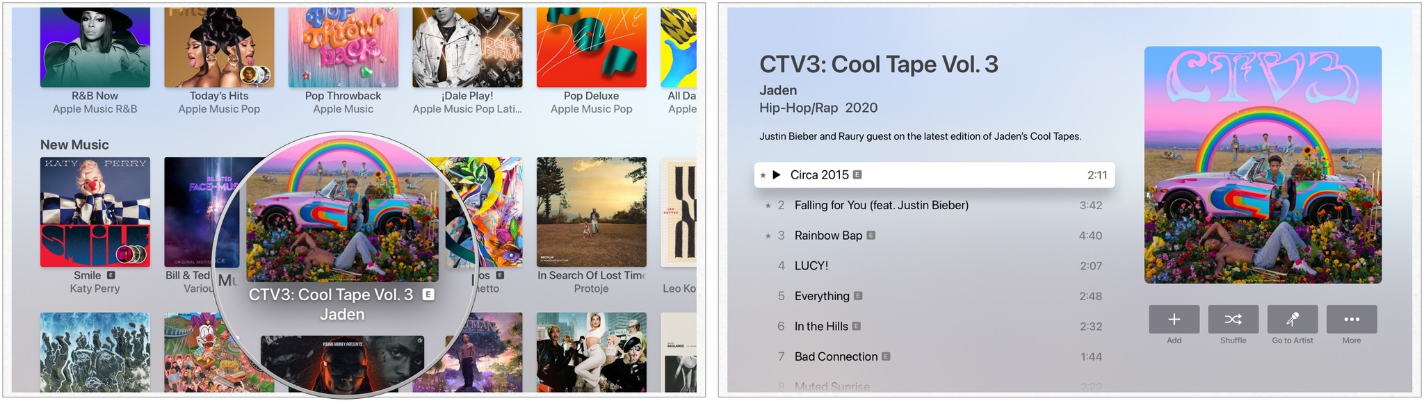 To browse the Music app on Apple TV, find and select the content you want.