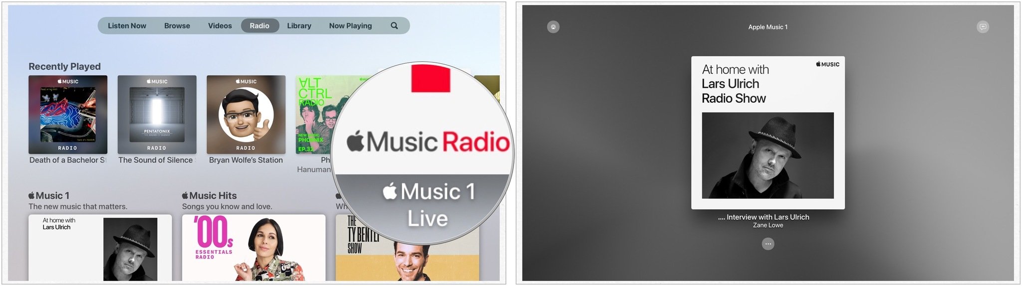 To find radio stations in the Music app on Apple TV, search for the content you want, then click on it to begin playing.