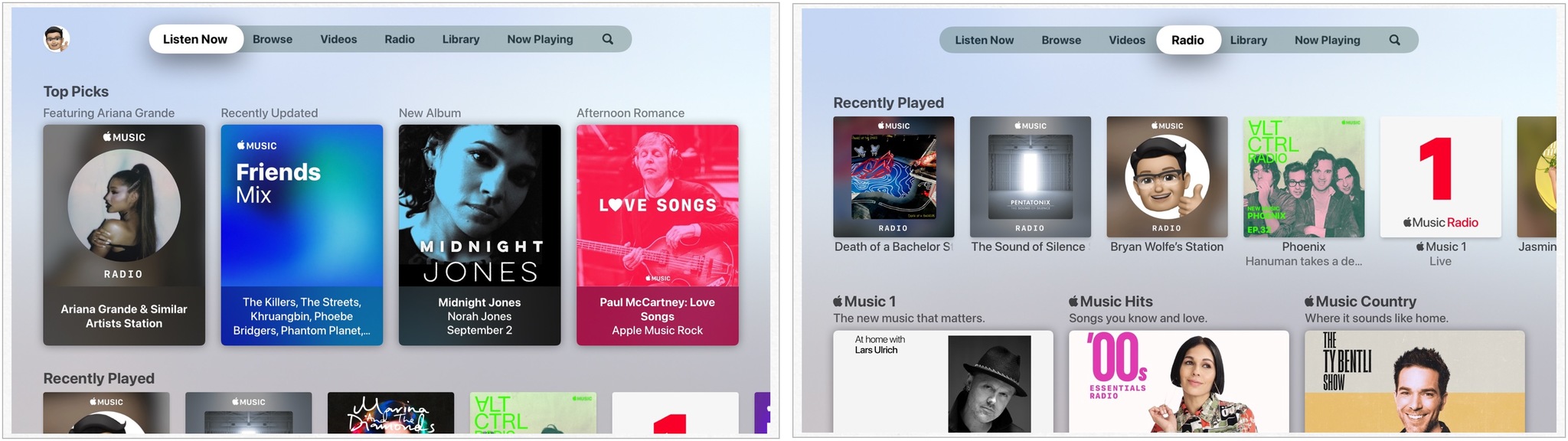 To find radio stations in the Music app on Apple TV, open the Music app, then click Radio on the top menu.