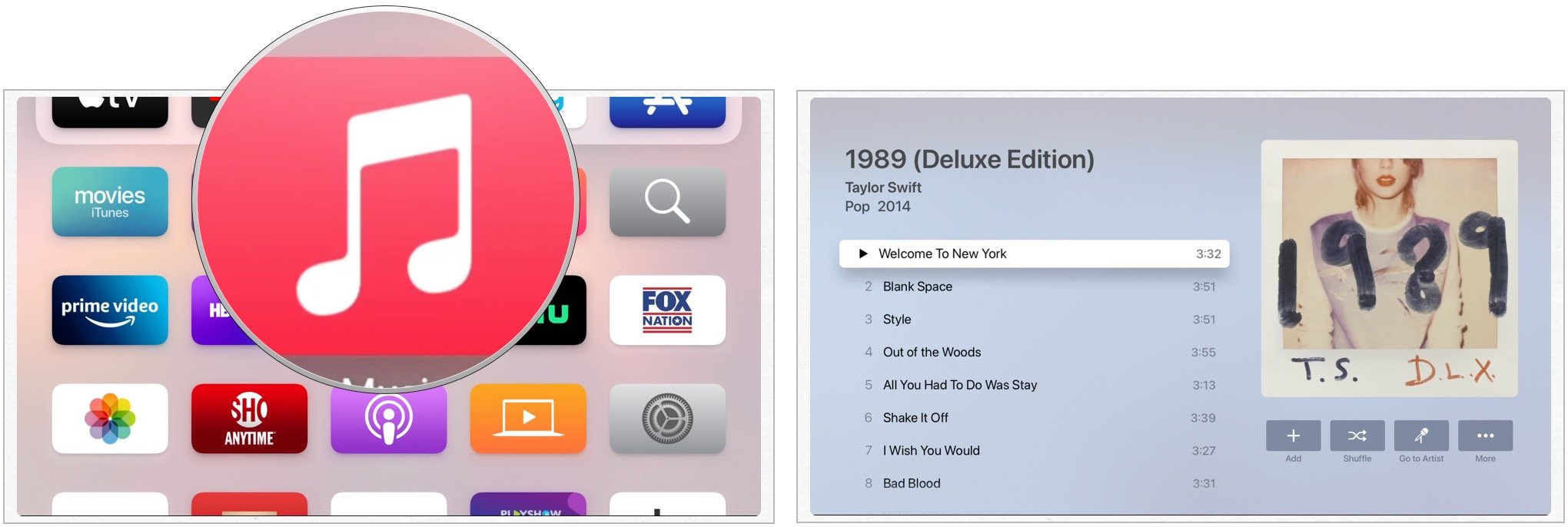 To find song lyrics on Apple TV, select the Music app, then select your song to begin playing.