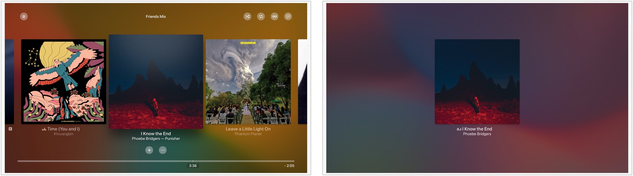To skip tracks in the Music app on Apple TV, swipe left or right to pick a different song. Select the new song.