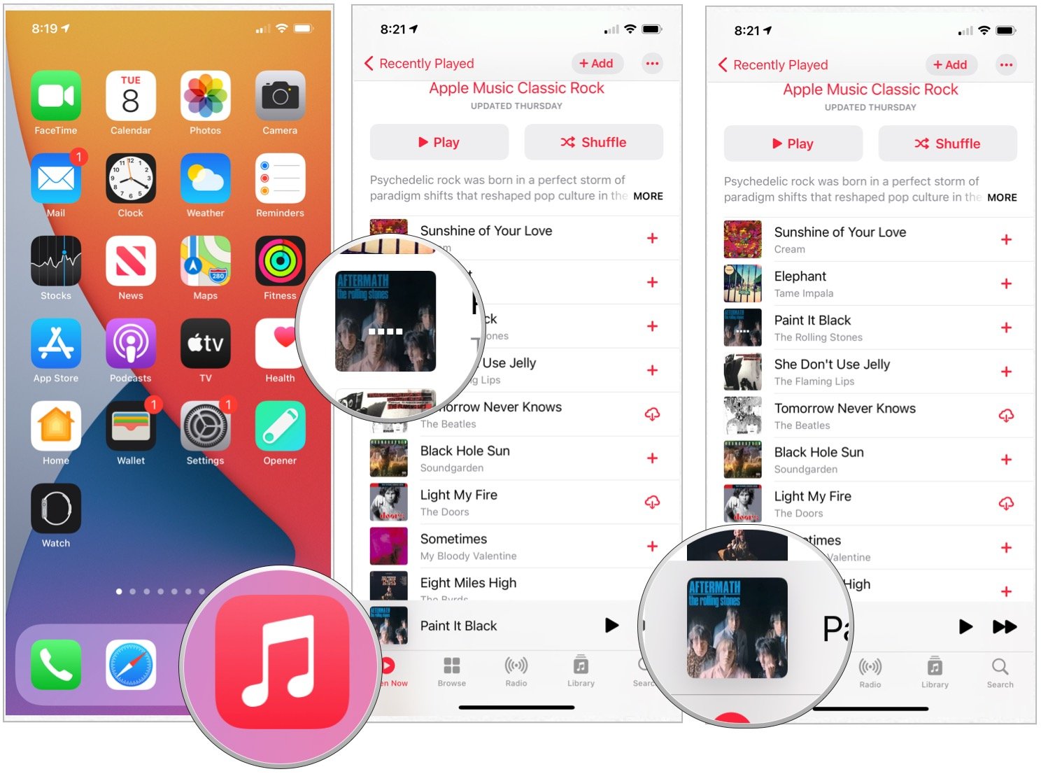 To find lyrics on your iPhone, tap the Music app on the device Home screen, then select a song to play. Tap the song that's playing to open the Now Playing screen.