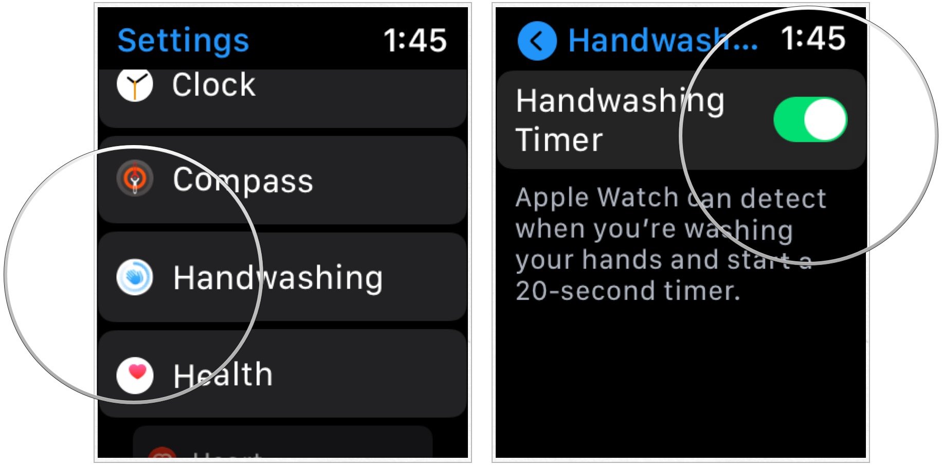 To use the hand washing feature on Apple Watch, scroll down, choose Handwashing, then toggle Handwashing Timer.