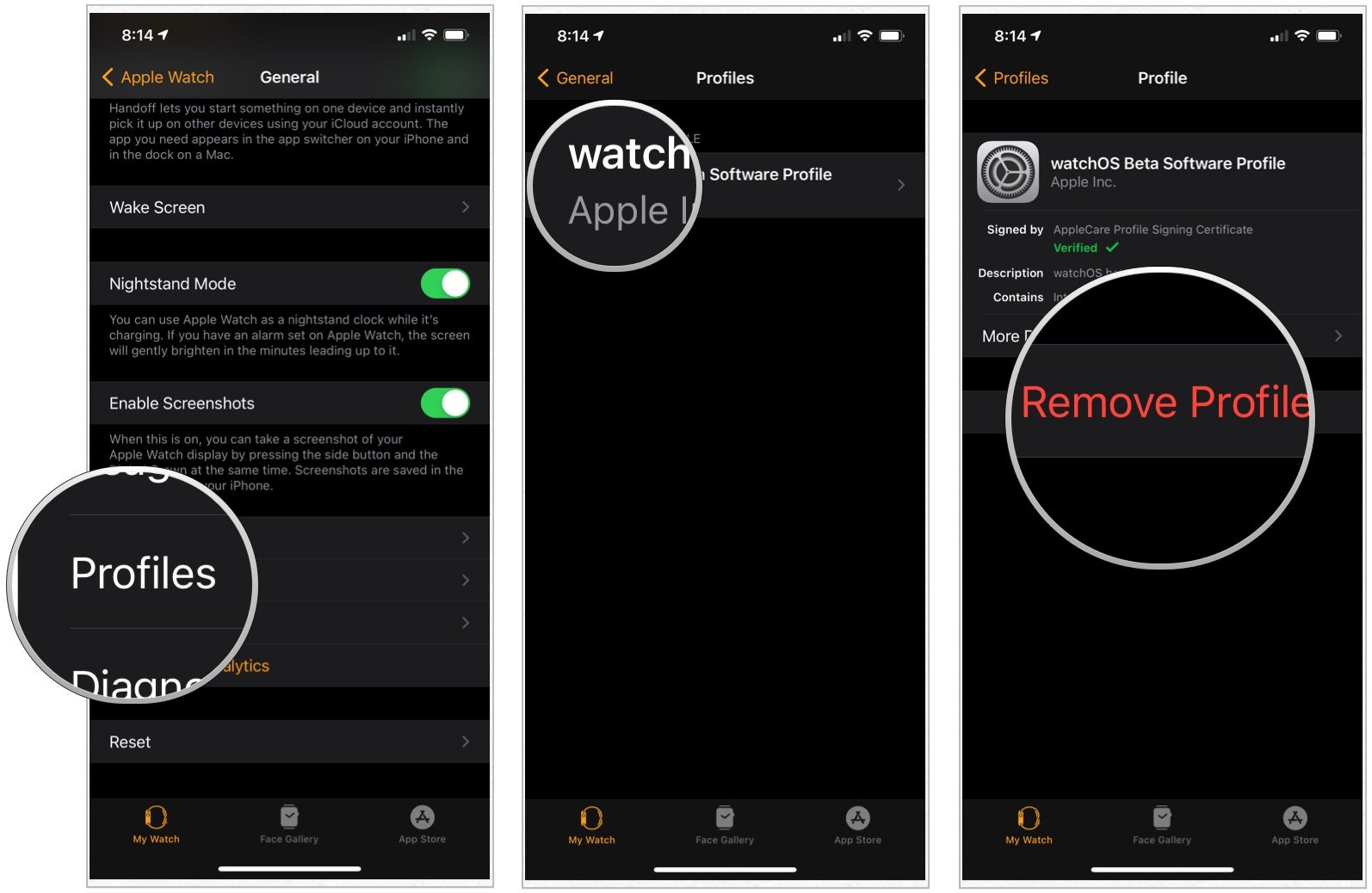To remove the beta profile from your Apple Watch, select Profiles, then tap watchOS Beta Software Profile. Choose Remove Profile.