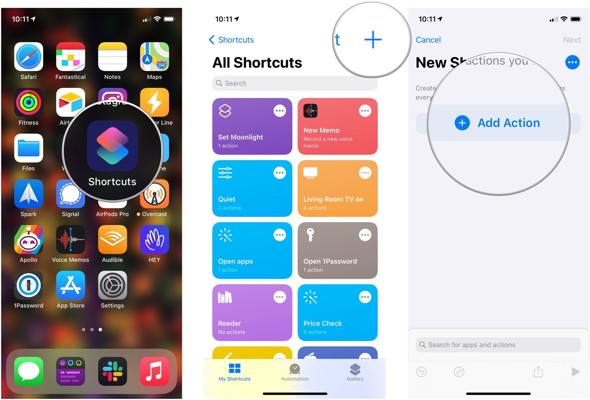 Add Camera-opening shortcut to Back Tap, showing how to open Shortcuts, tap +, then tap Add Action