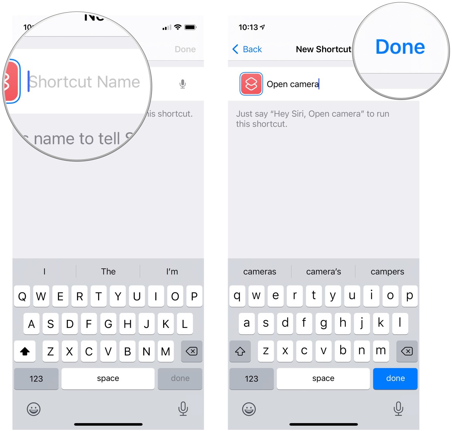 Add Camera-opening shortcut to Back Tap, showing how to enter a name for the shortcut, then tap Done