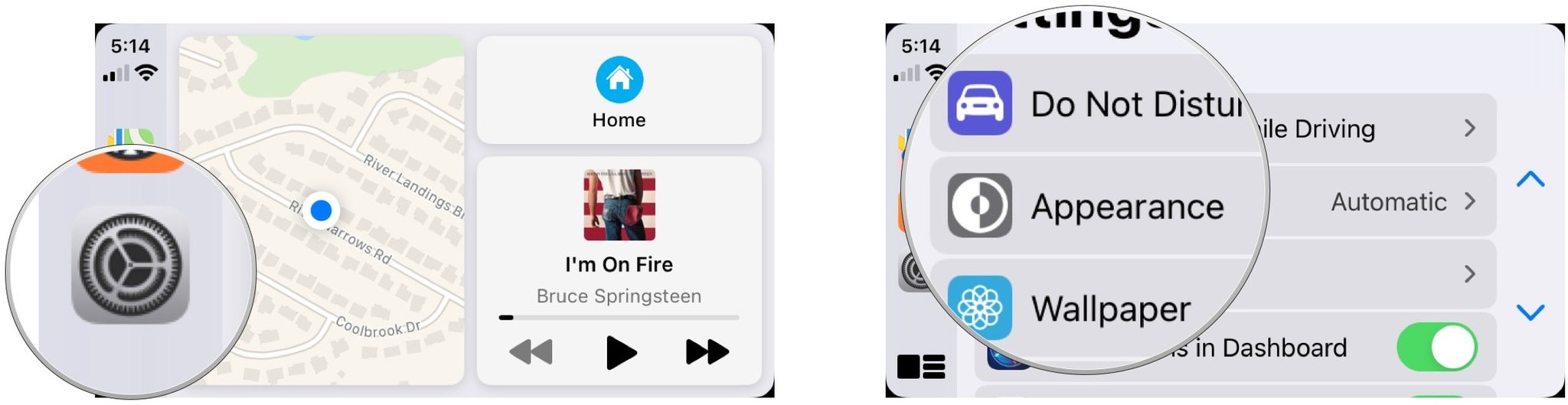 Change CarPlay appearance, showing how to open Settings, then tap Appearance