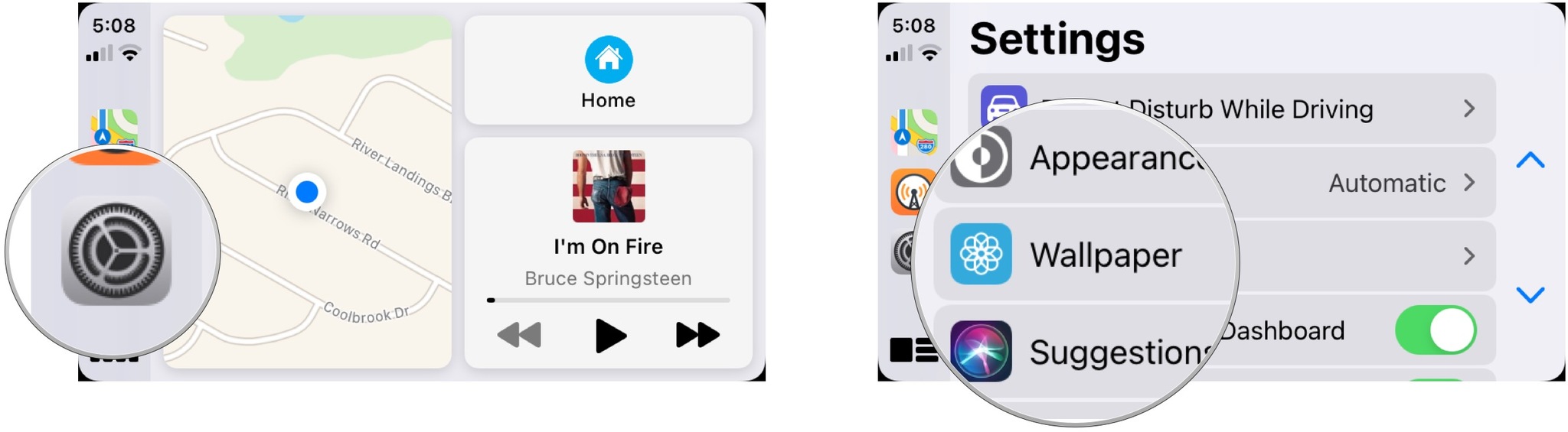 Set wallpaper in CarPlay, showing how to open Settings, then tap Wallpaper