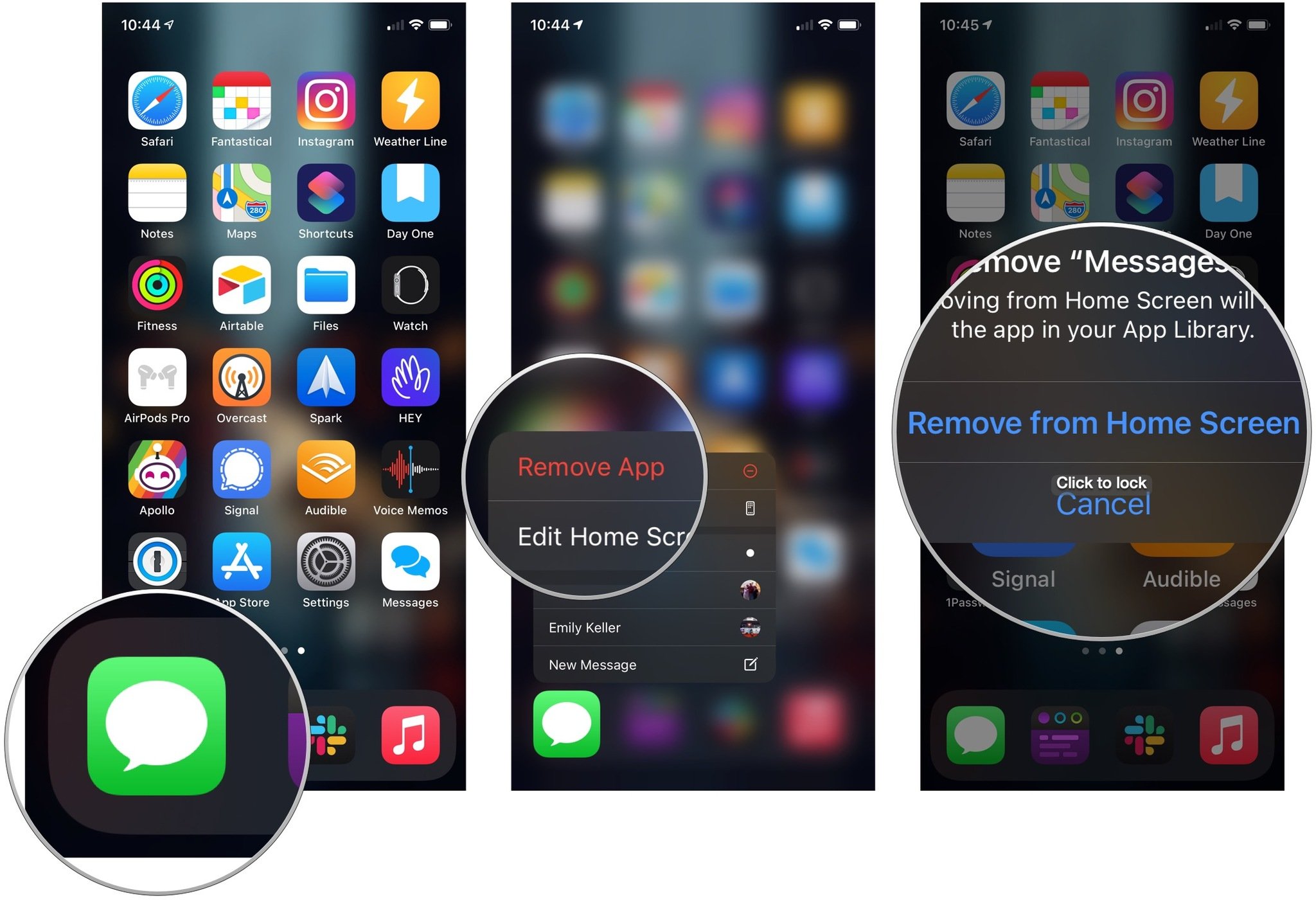 Hide apps in App Library, showing how to tap and hold an app, then tap Remove App, then tap Remove from Home Screen