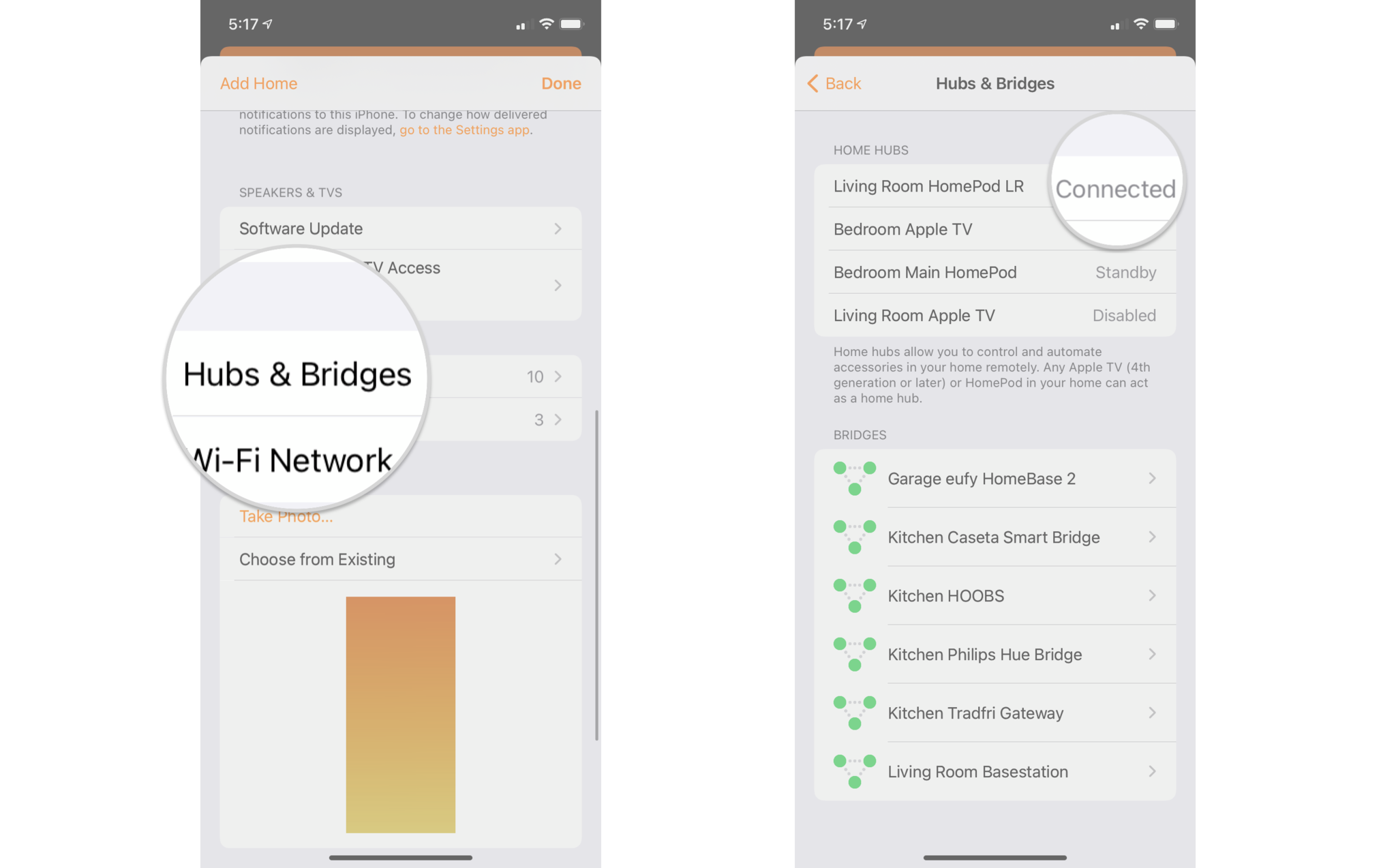How to view the status of your current HomeKit Hub on the iPhone by showing the following steps: Scroll down and tap Hubs & Bridges, Review current status