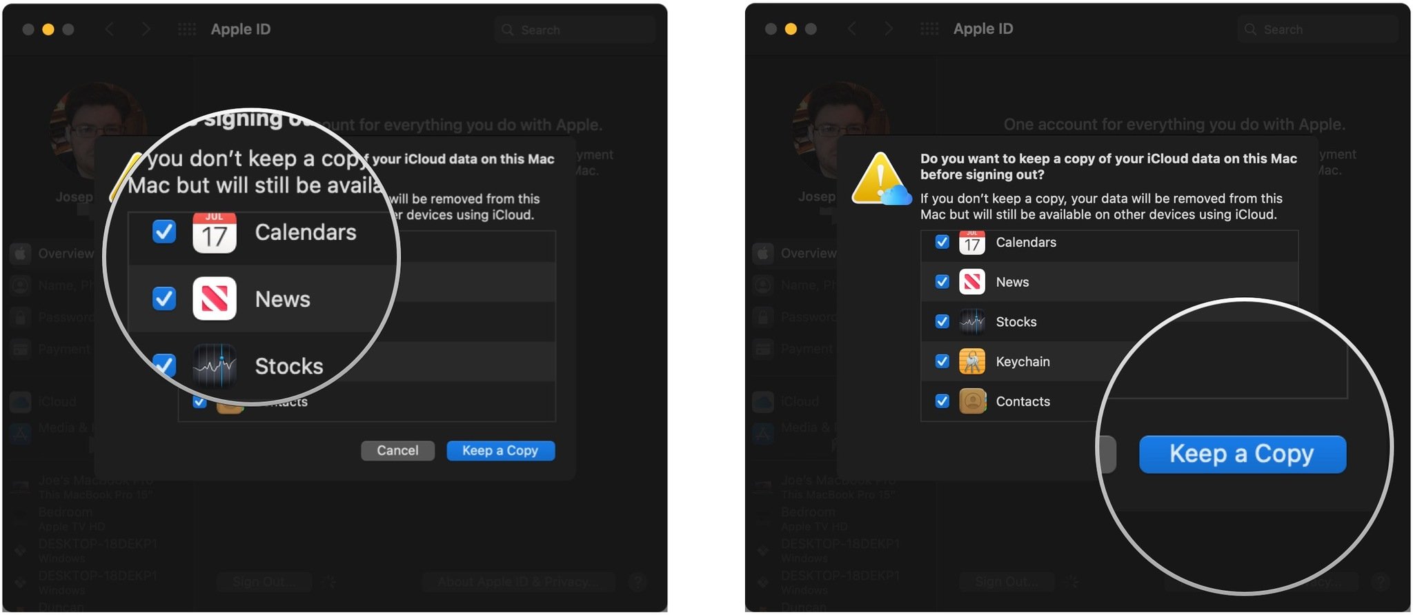 Stop iCloud login loop, showing how to click checkboxes, then click Keep a Copy
