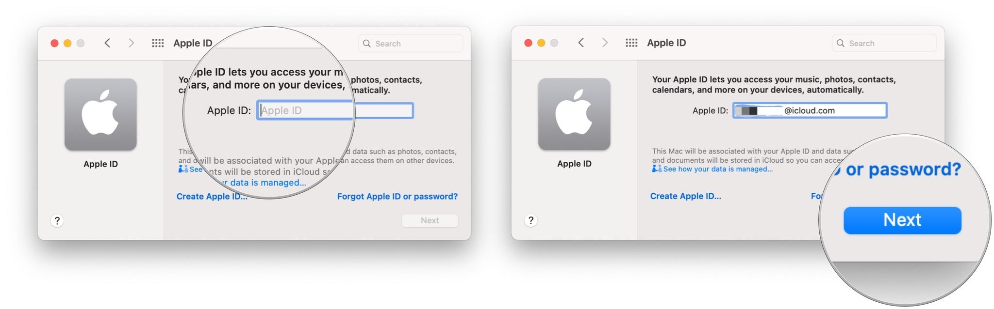 Stop iCloud login loop, showing how to enter your iCloud email address then click Next
