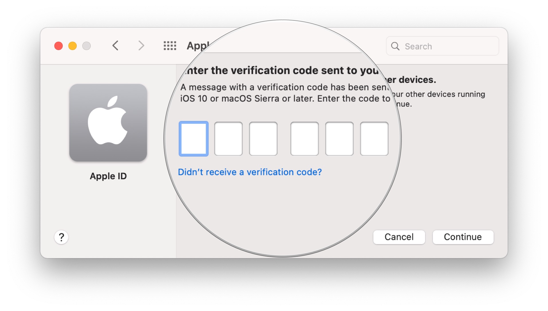 Stop iCloud login loop, showing how to enter the one-time code