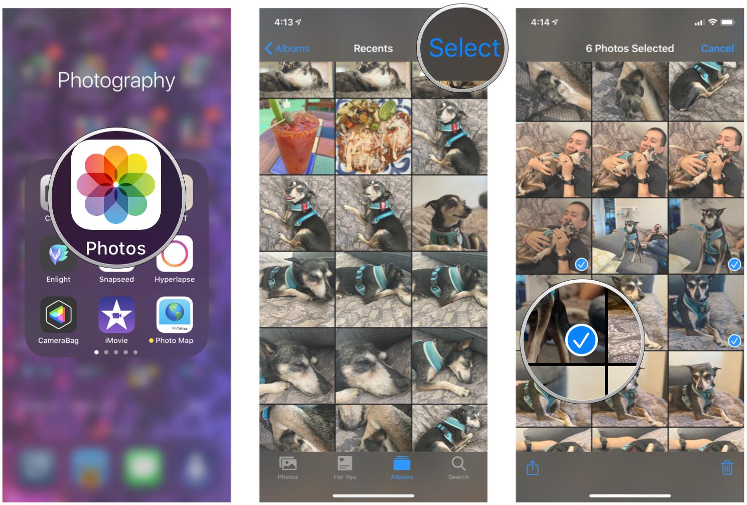 How to share multiple photos from the Photos app on iPhone by showing steps: Launch Photos, find the album with the photos you want to share, tap Select, pick your photos
