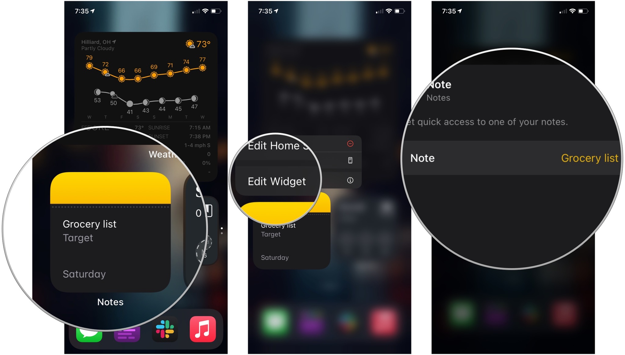 How to edit a widget, showing how to tap and hold a widget, then tap Edit Widget, then use the options to tune the widgets