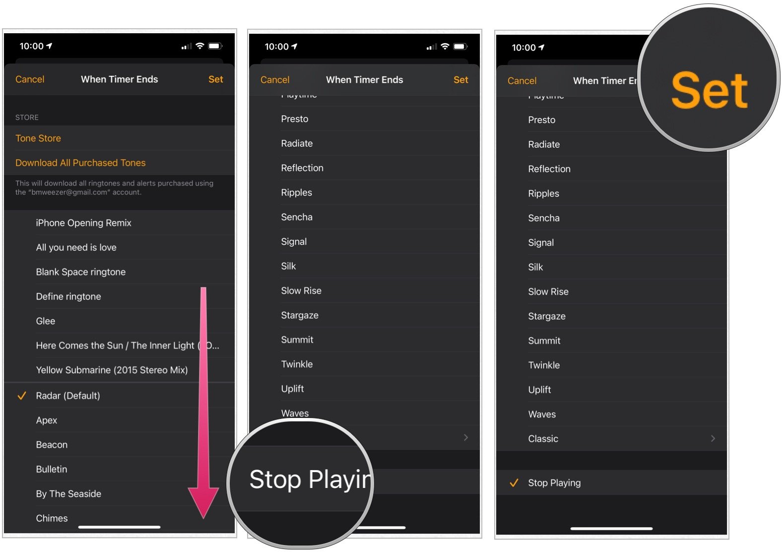 To set a timer on your mobile device, select Stop Playing. Tap Set at the top right, then choose Start to being the timer. 