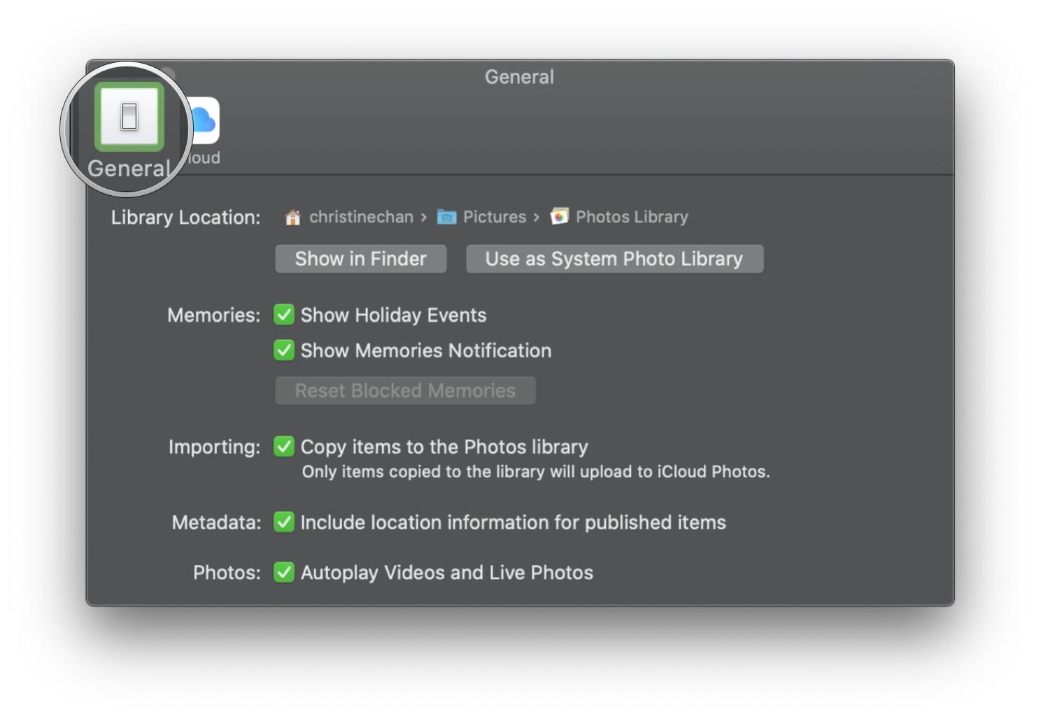 Transfer photos from mac to iphone by enabling iCloud Photo Library on Photos for Mac by showing steps: In Preferences, click General