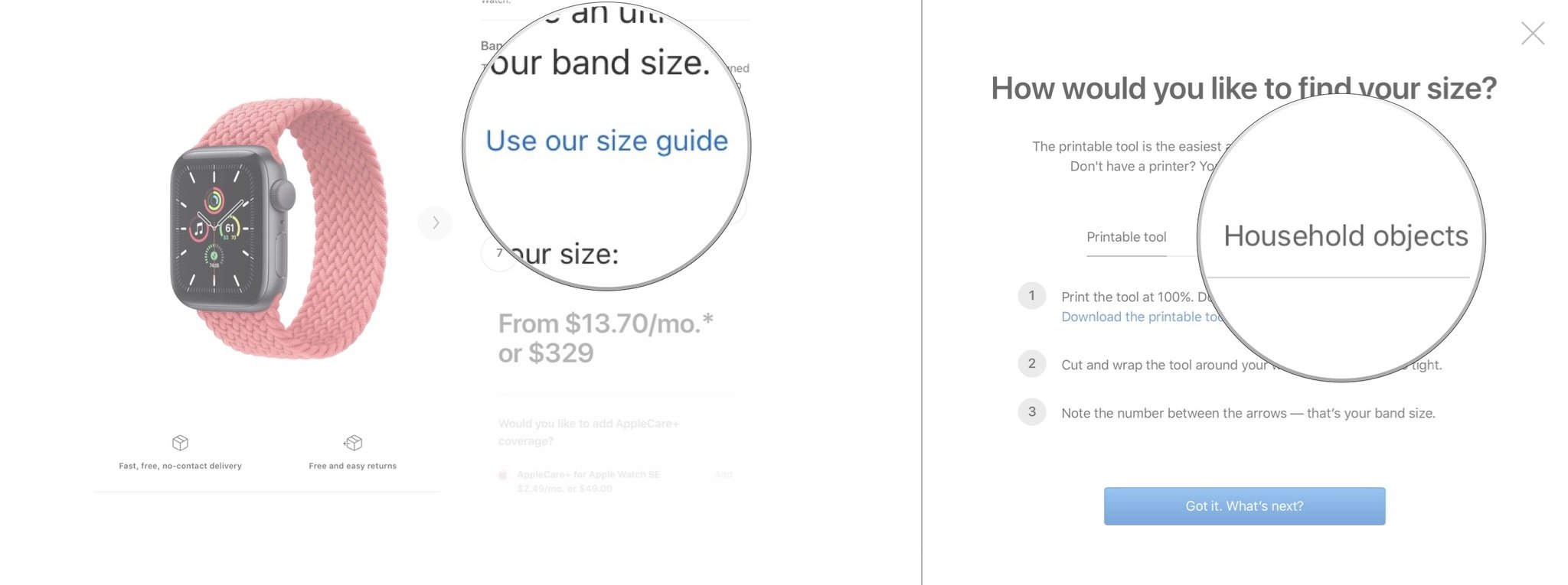 Measure Wrist For Apple Watch Band showing the steps to click "Use our size guide" and then click Household objects