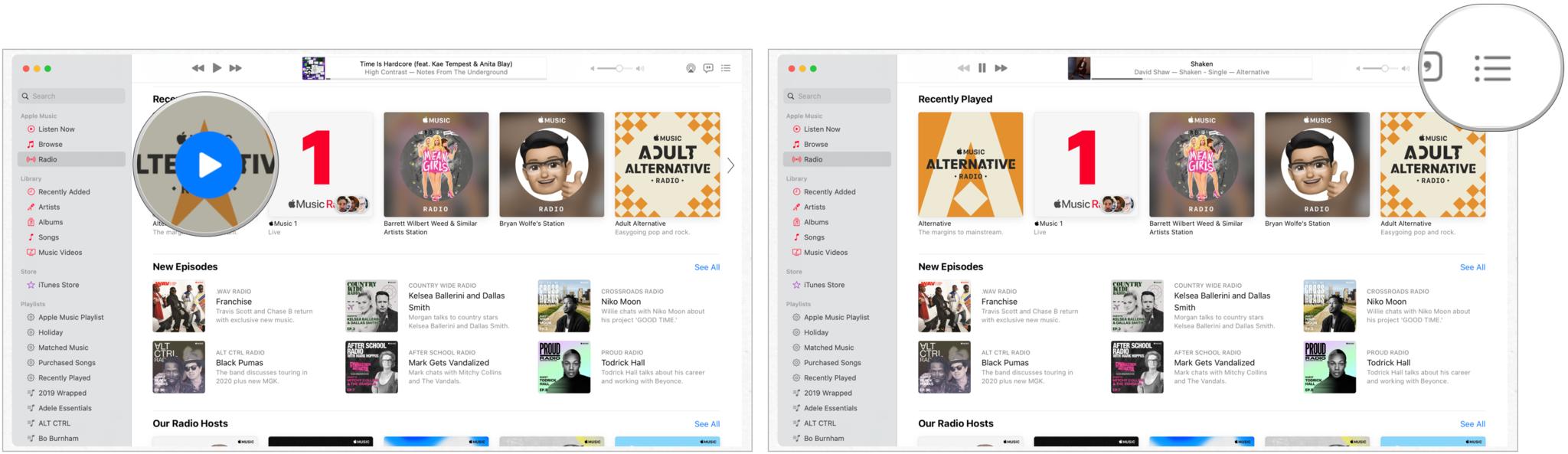 Чтобы просмотреть историю воспроизведения своей библиотеки на Mac, откройте приложение «Музыка» и перейдите на вкладку «Радио».  Начните играть на любой радиостанции Apple Music.  Щелкните значок списка «Далее» вверху справа. 