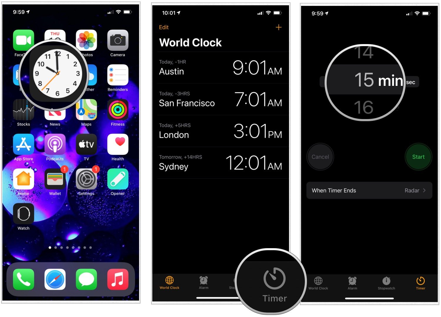 To set a timer on your mobile device, launch the Clock app from the Home screen. Tap the Timer tab. Use the picker to set the amount of time you want to let the music , then tap When Time Ends.