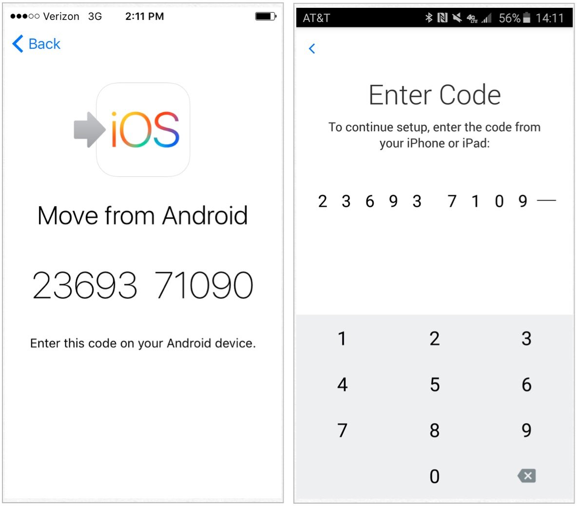 To move your data from Android to iPhone or iPad with Move to iOS, on your Android device enter the 12-digit code displayed on iPhone/iPad