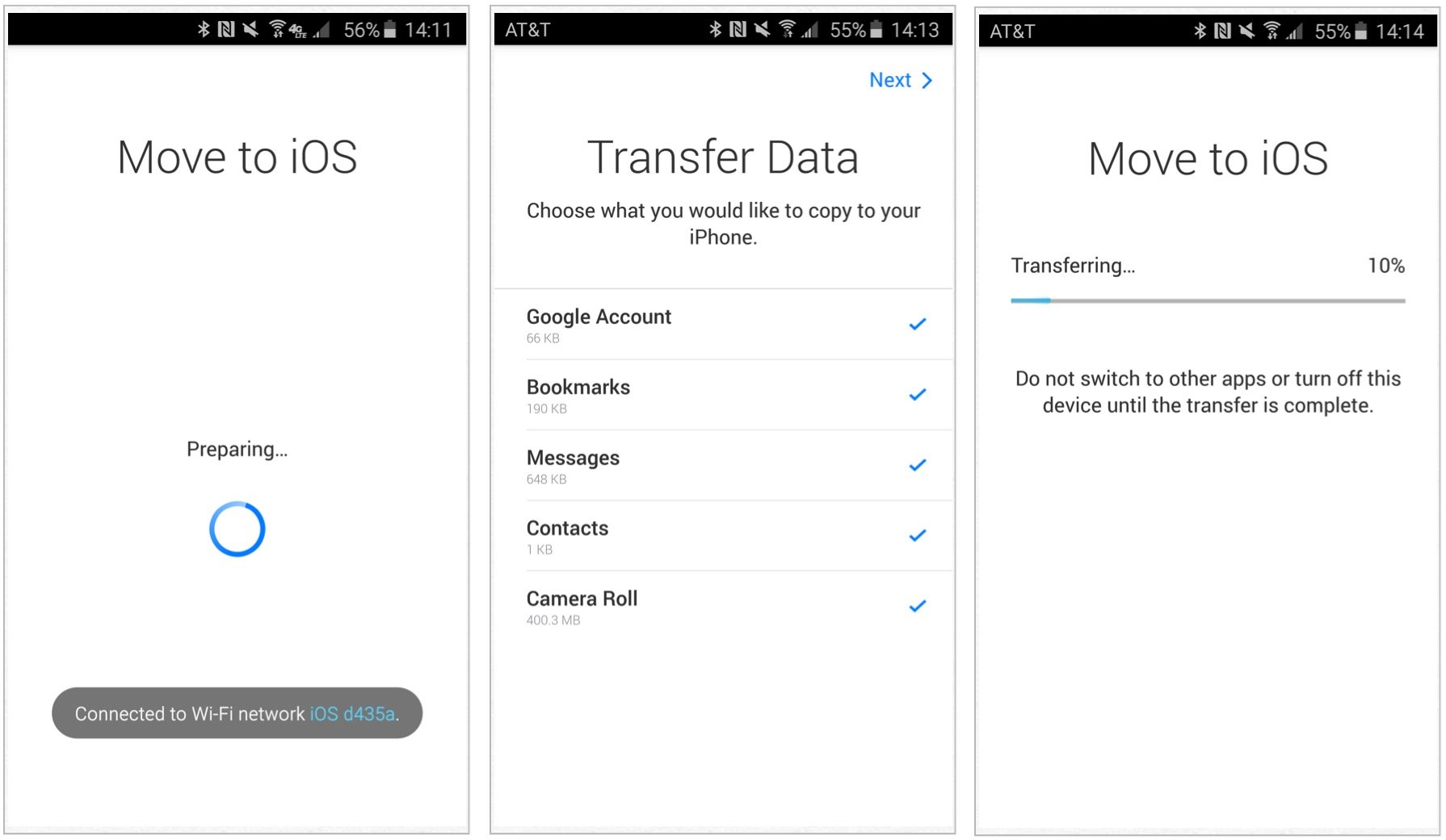 Untuk memindahkan data Anda dari Android ke iPhone atau iPad dengan Pindahkan ke iOS, ikuti petunjuk yang tetap ada di layar.