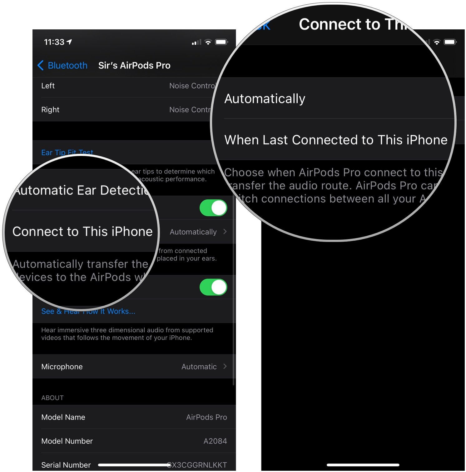 How to turn off automatic switching, showing how to tap Connect to This iPhone, then tap When Last Connected to This iPhone