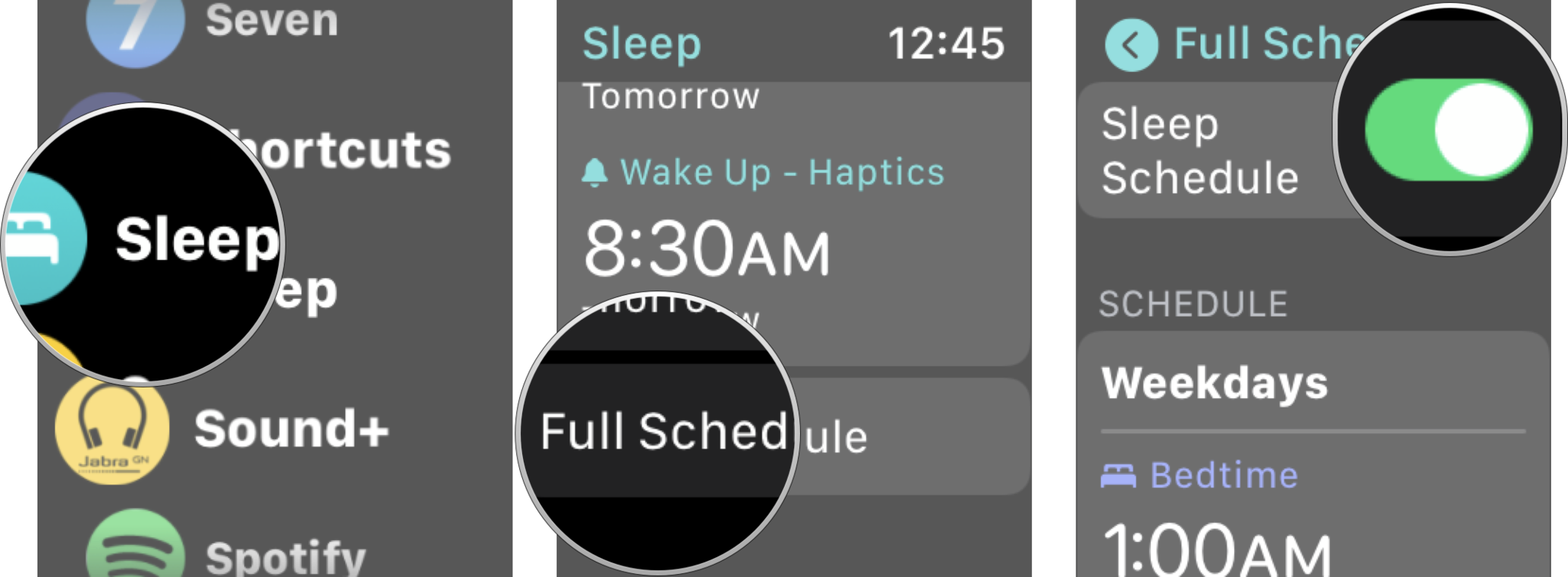 Turn Off Sleep Schedule In Sleep App On Apple Watch: Launch sleep app on your Apple Watch, tap full schedule, and then tap the sleep schedule o/off switch to your desired position. 