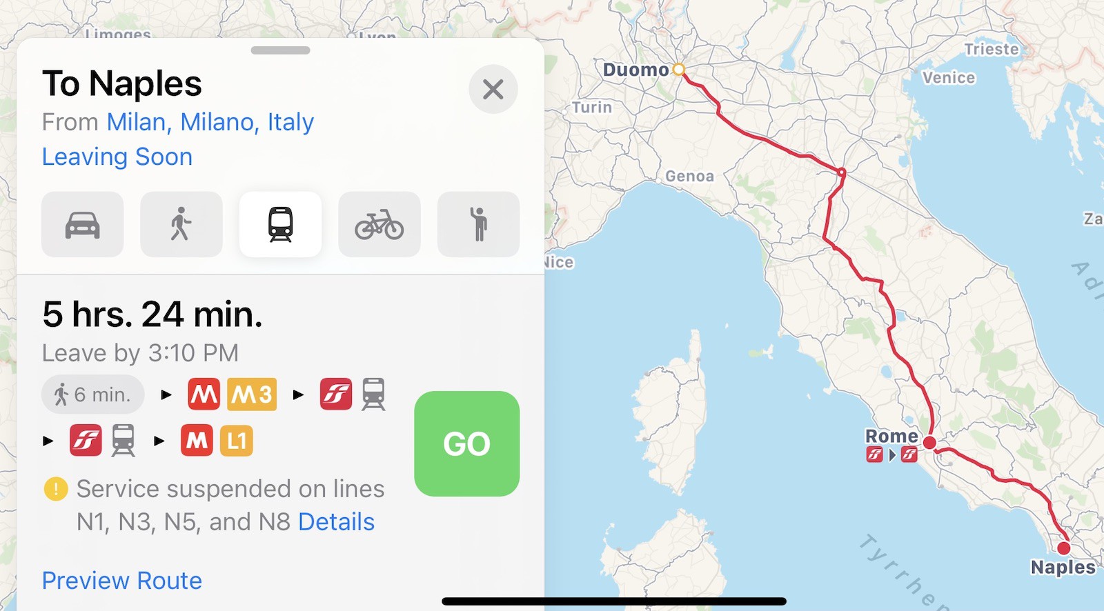 Apple Maps Transit Naples Italy