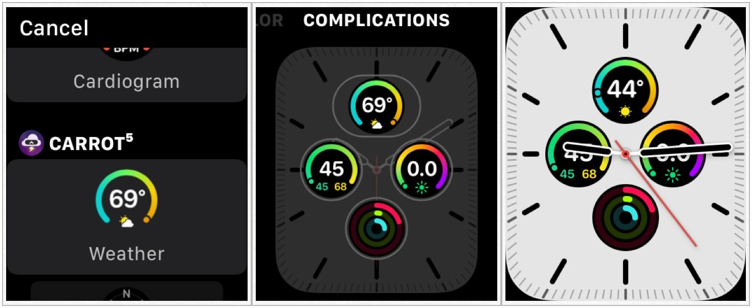 Чтобы добавить усложнения для Apple Watch со своих часов, нажмите на место усложнения, поверните колесико Digital Crown и повторите, если необходимо.  Нажмите цифровую головку, чтобы перейти в режим настройки.  Когда закончите, коснитесь циферблата