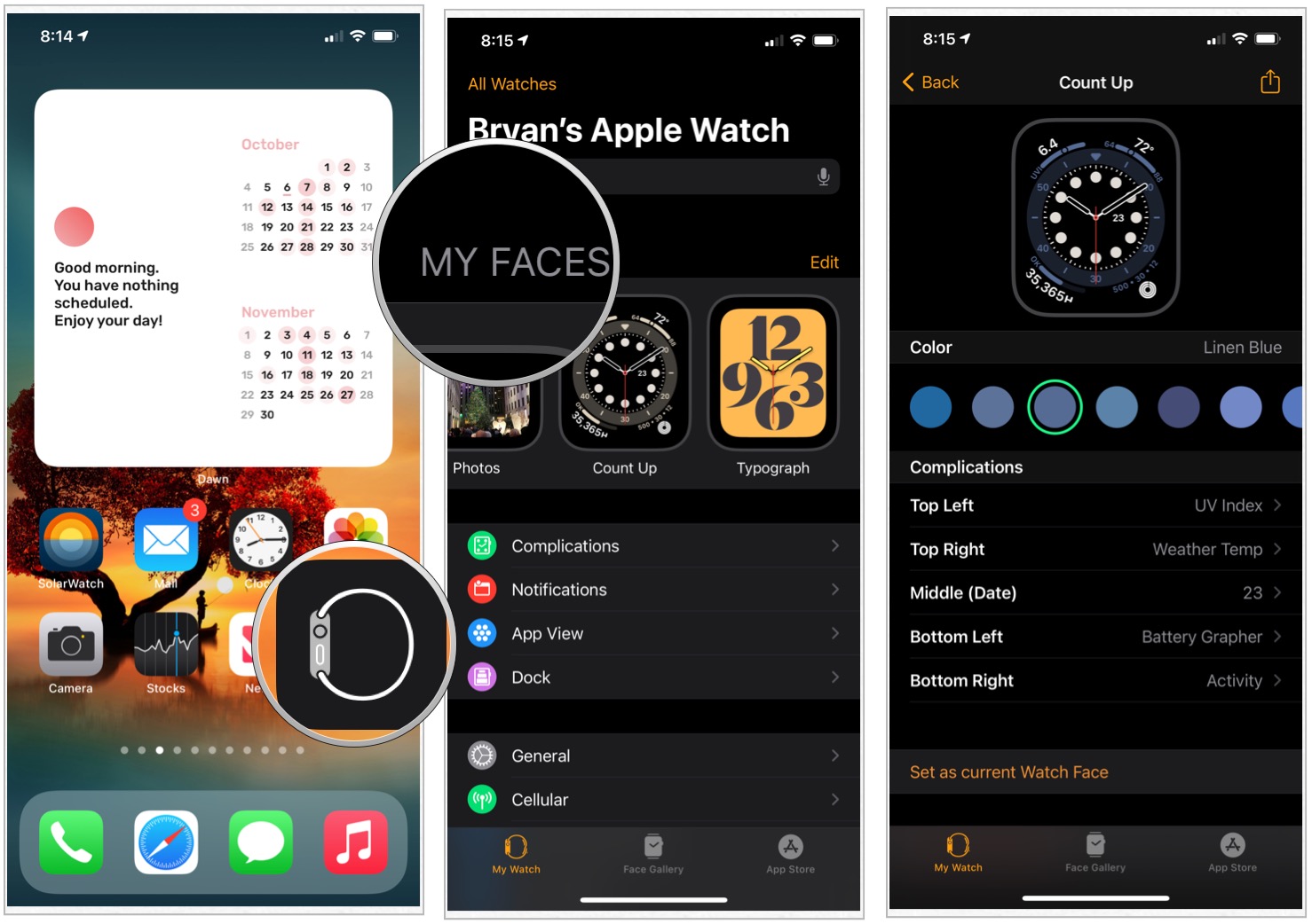 To change the color and style on your iPhone, launch the Watch app. Tap the My Watch tab and select a Watch face. Select a color and style. The change automatically changes for that face when used on Apple Watch.