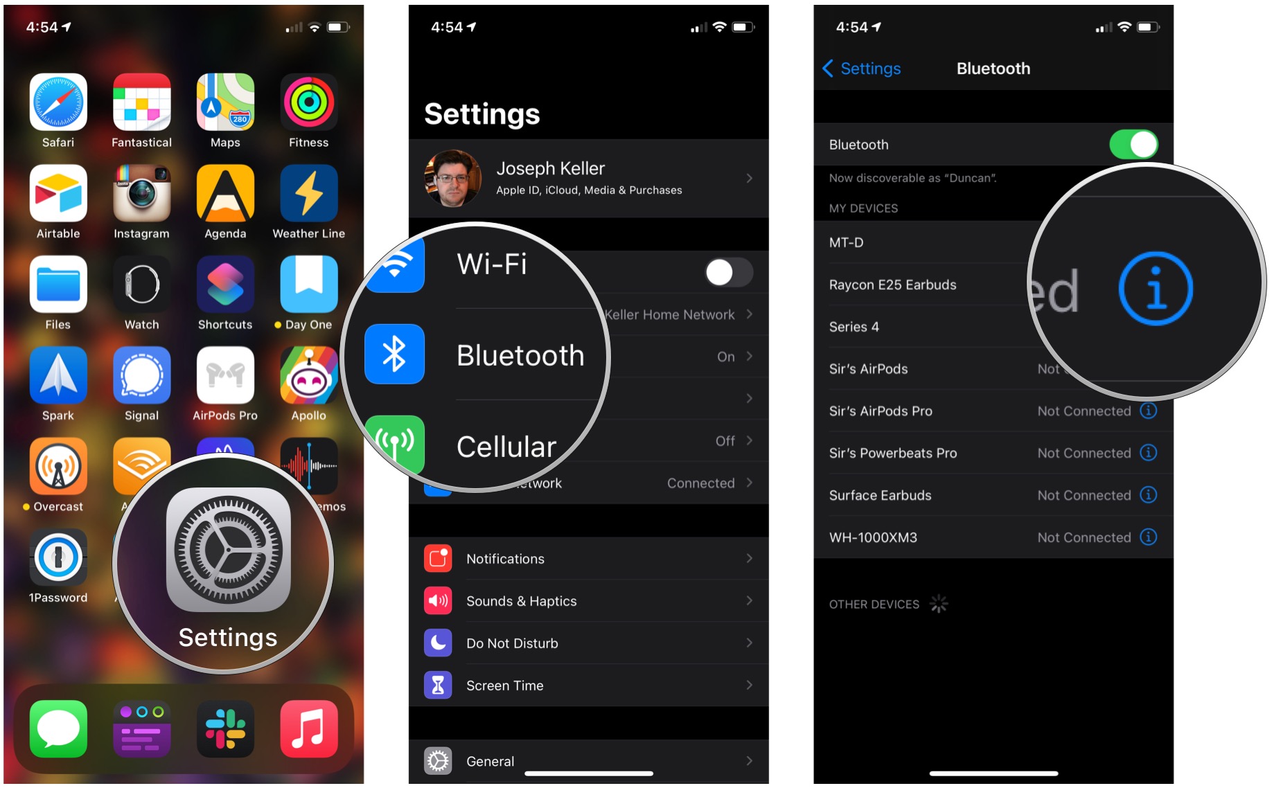 Forget a Bluetooth device, showing how to open settings, tap Bluetooth, then tap the i button