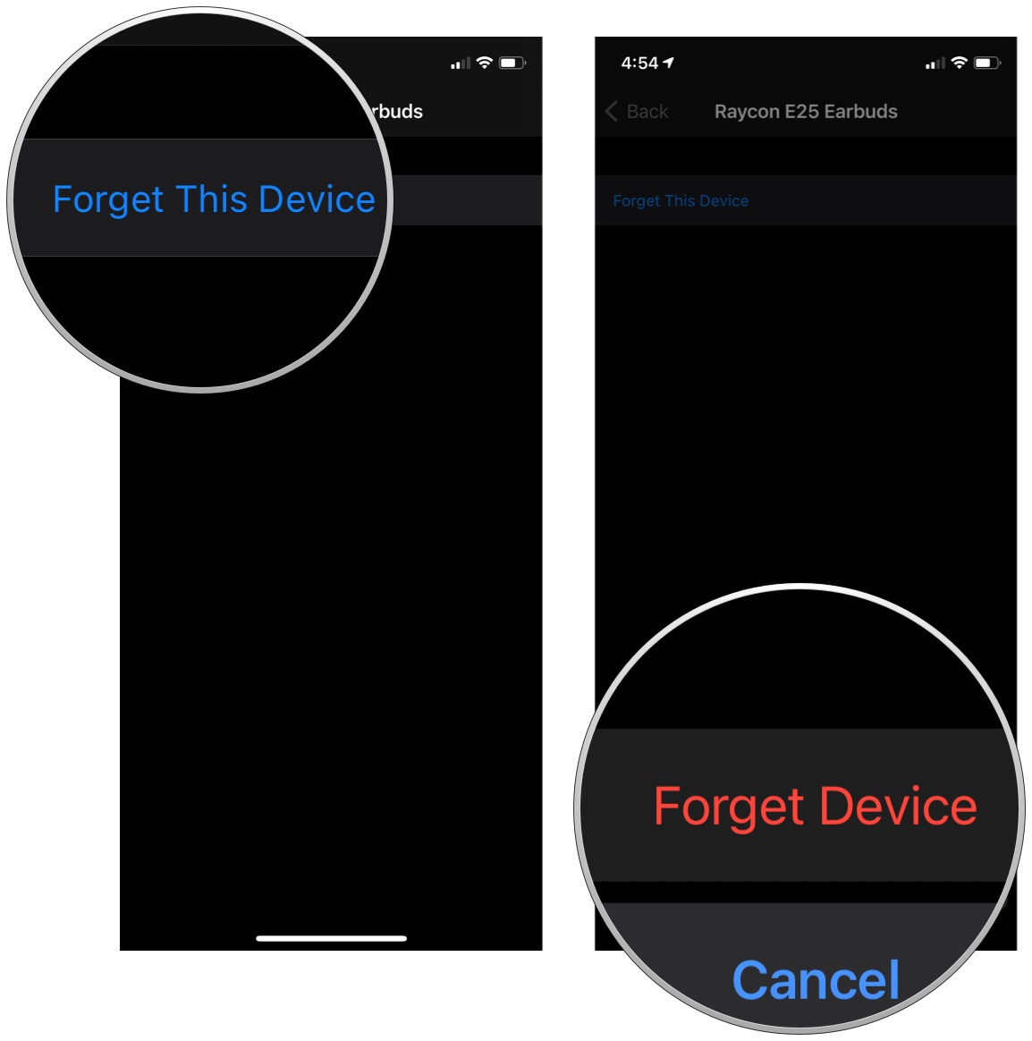 Forget a Bluetooth device, showing how to tap Forget This Device, then tap Forget Device