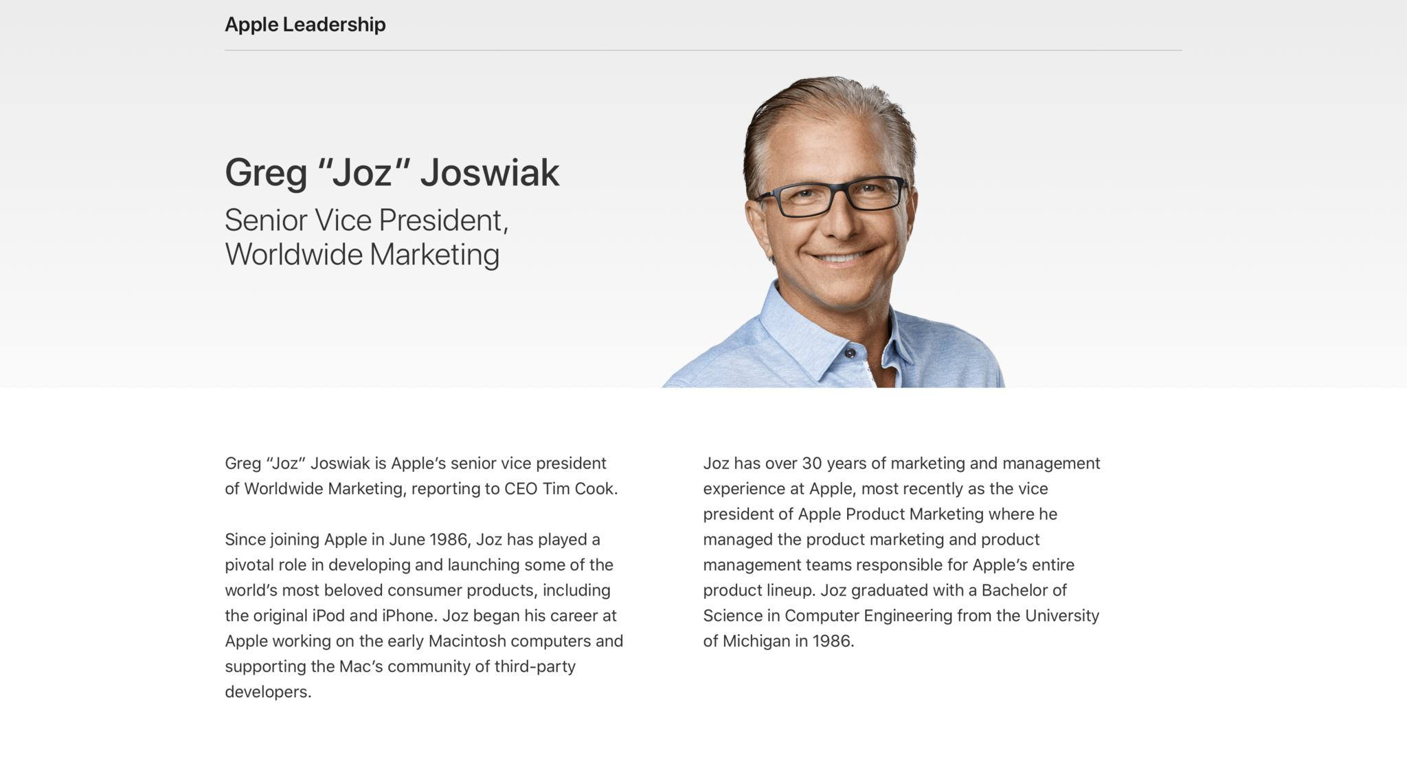 Greg Joswiak Apple Leadership Page