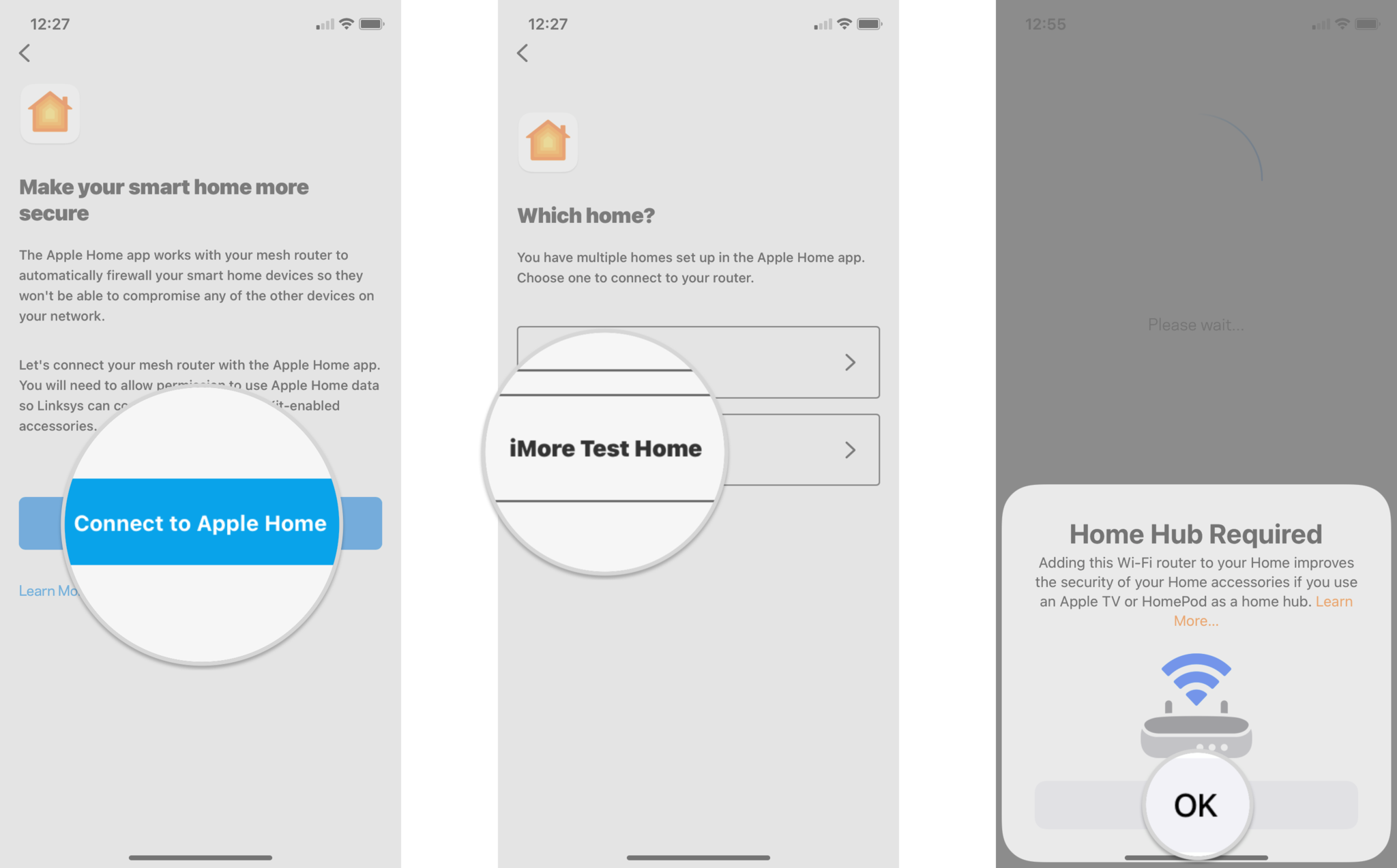How to upgrade your Linksys Velop router to a HomeKit Secure Router on the iPhone by showing steps: Tap Connect to Apple Home, Tap the Name of your Home, Tap OK