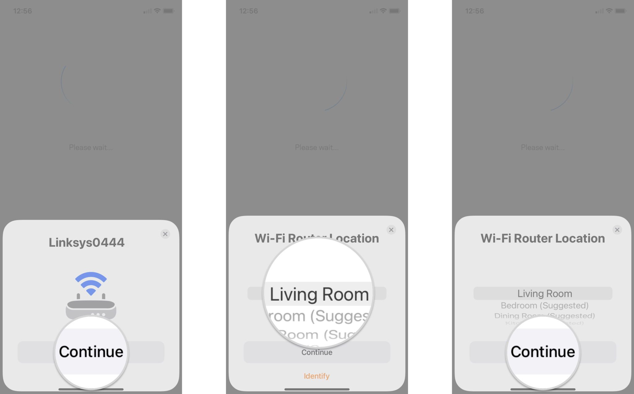 How to upgrade your Linksys Velop router to a HomeKit Secure Router on the iPhone by showing steps: Tap Continue, Select a Room for your Router, Tap Continue