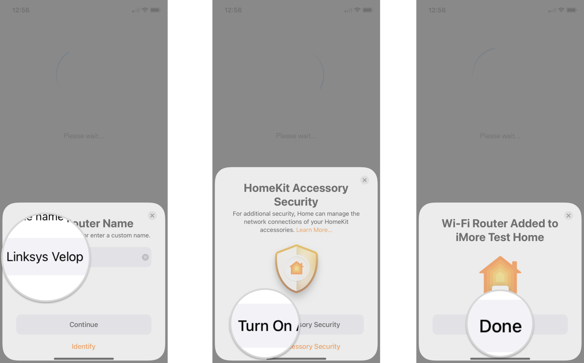 How to upgrade your Linksys Velop router to a HomeKit Secure Router on the iPhone by showing steps: Type in a Name then tap Continue, Tap Turn On Accessory Security, Tap Done