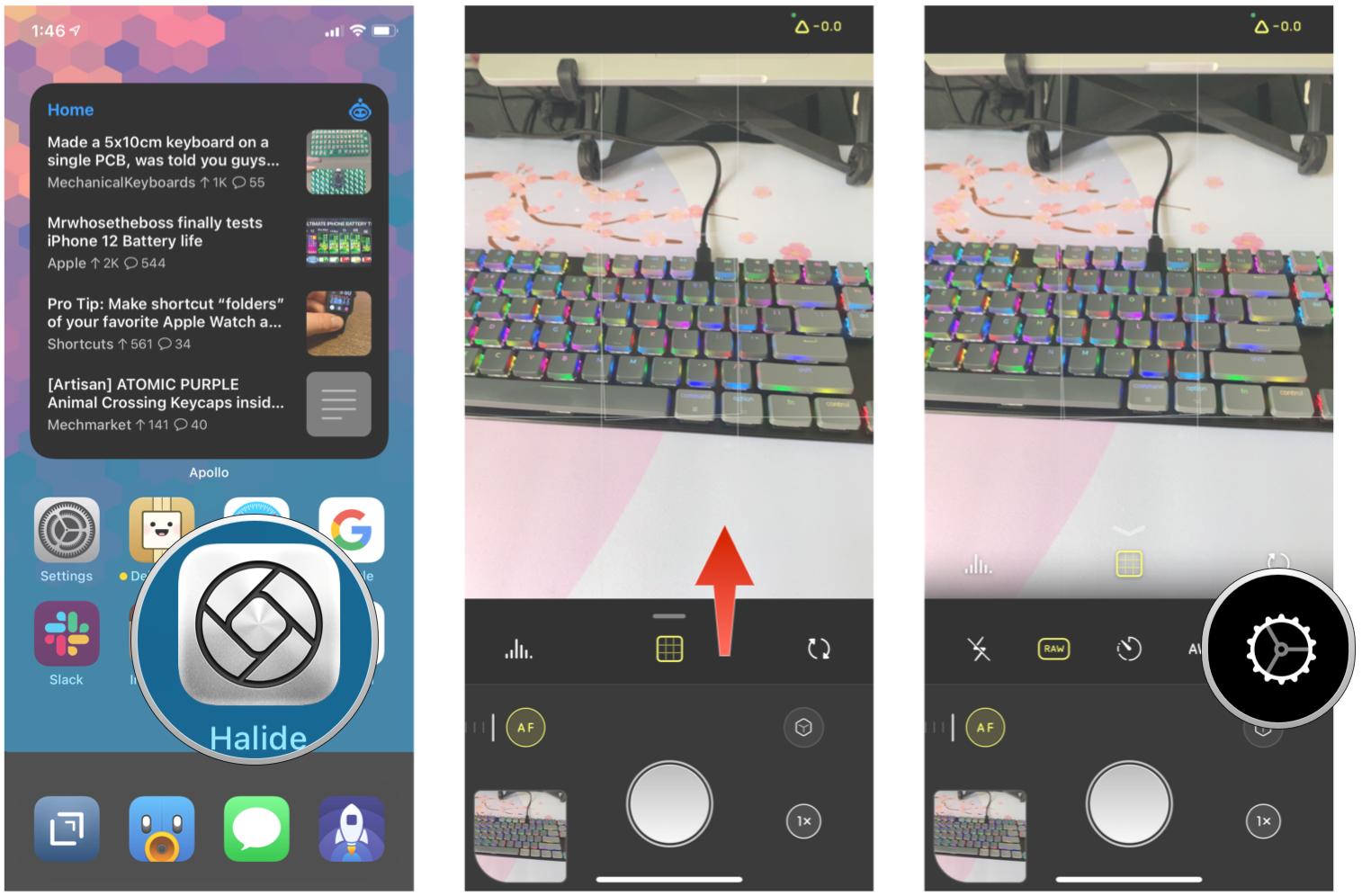 How to shoot RAW images on your iPhone or iPad by showing: Launch Halide, swipe up on the control panel, tap Settings