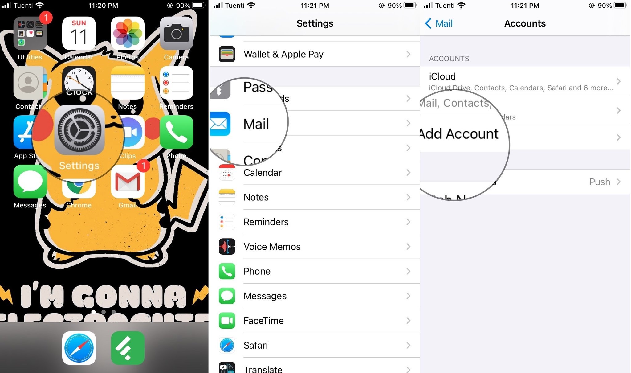 How to set up mail on iPhone or iPad by showing steps: Open Settings, tap on Mail, tap Accounts, Select Add account