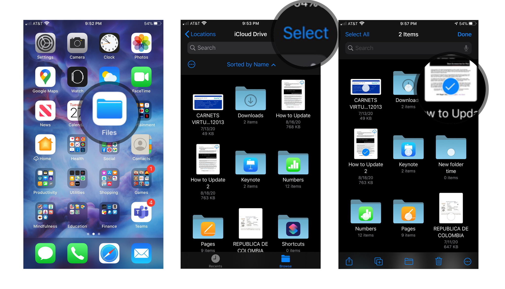 How to move files in iOS: Open Files, Tap Select, Select Files