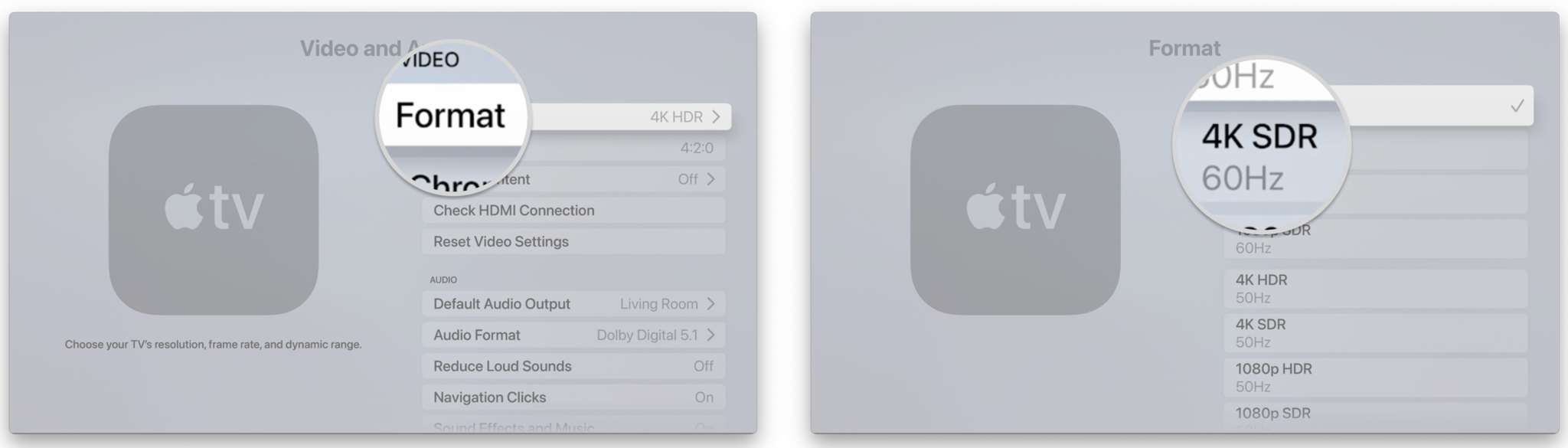Comment désactiver le HDR sur Apple TV en affichant les étapes : Cliquez sur Format, Cliquez sur 4K SDR ou sur une autre option SDR