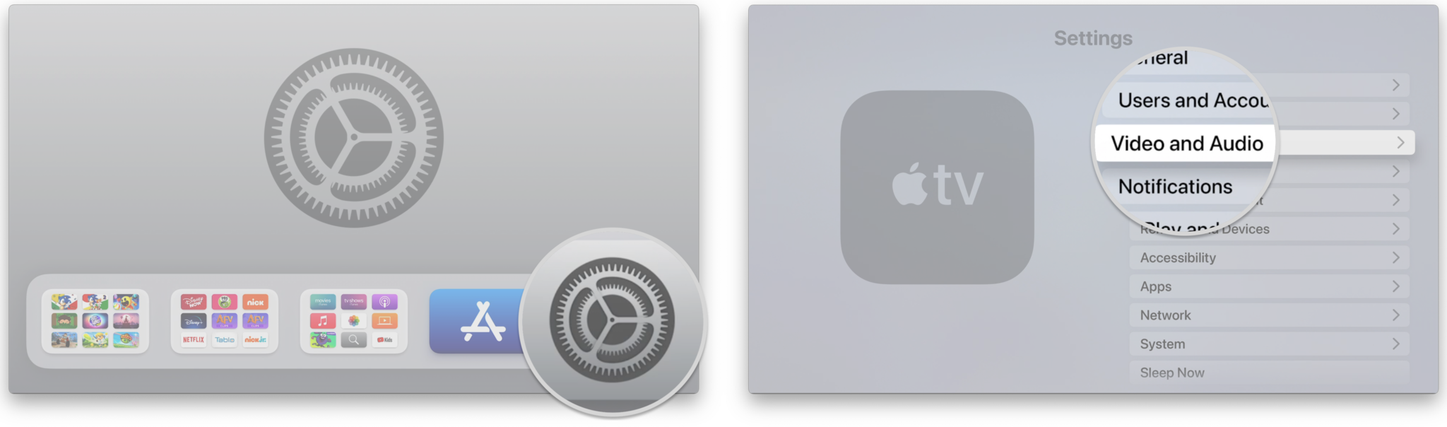 Comment activer le HDR sur Apple TV en affichant les étapes : ouvrez Paramètres, cliquez sur Vidéo et audio